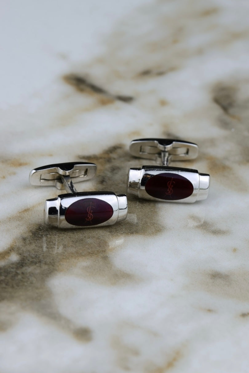 Yves Saint Laurent – stalowe podłużne spinki z purpurowym wypełnieniem i logo (SP020)