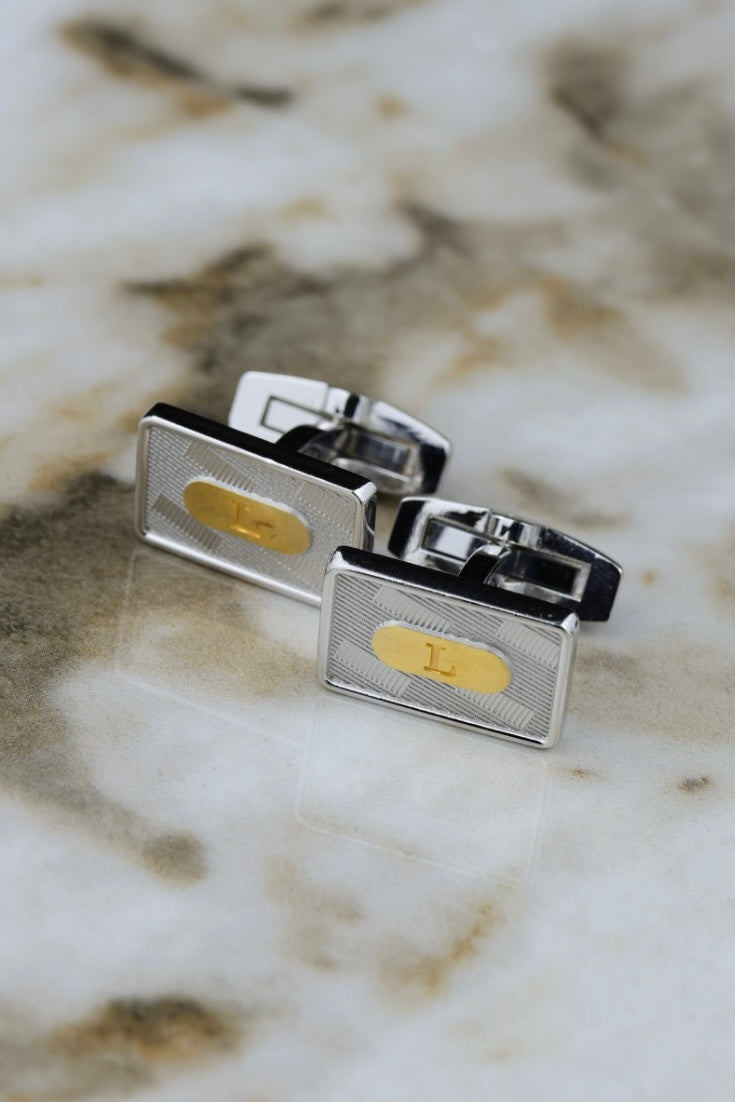 Longines – stalowe prostokątne spinki ze złotą literą L (SP017)