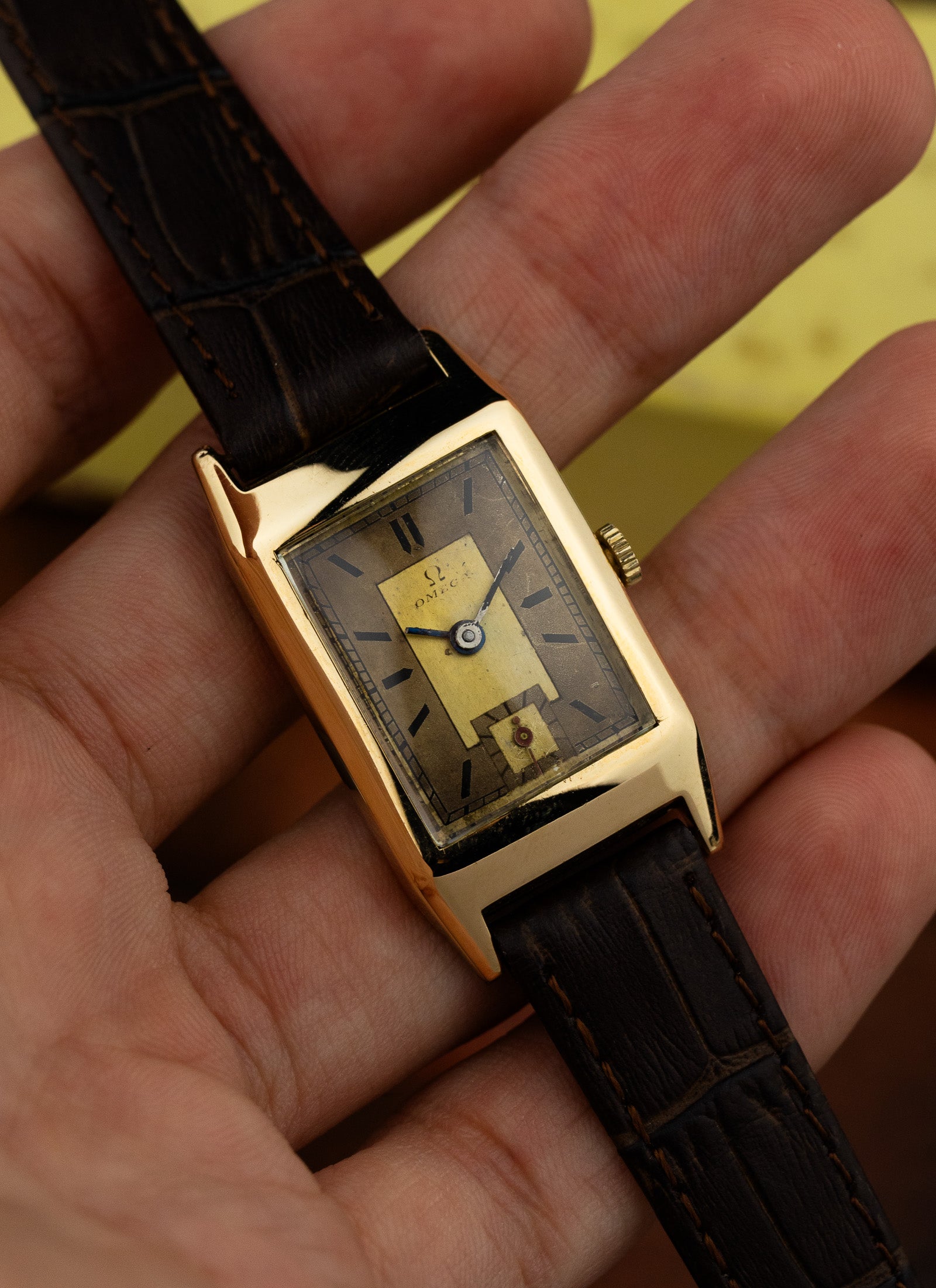 1940s 14K Omega Tank Art Deco Dial Serviced Box