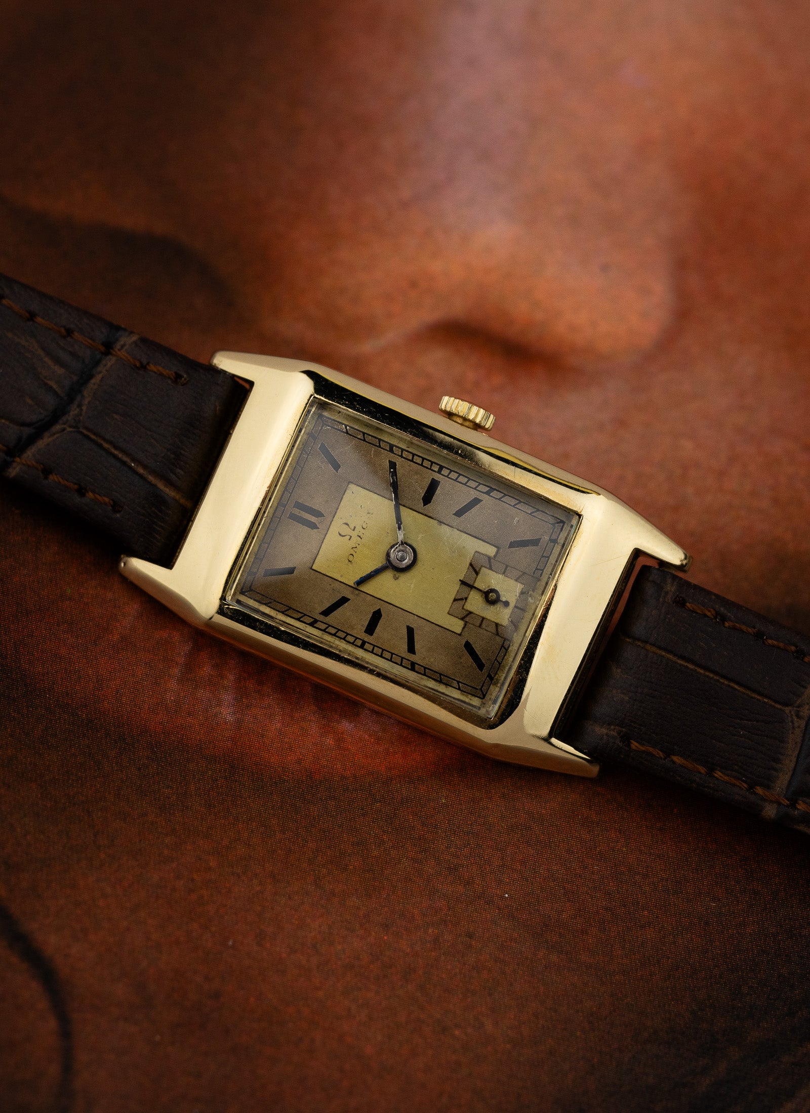 1940s 14K Omega Tank Art Deco Dial Serviced Box
