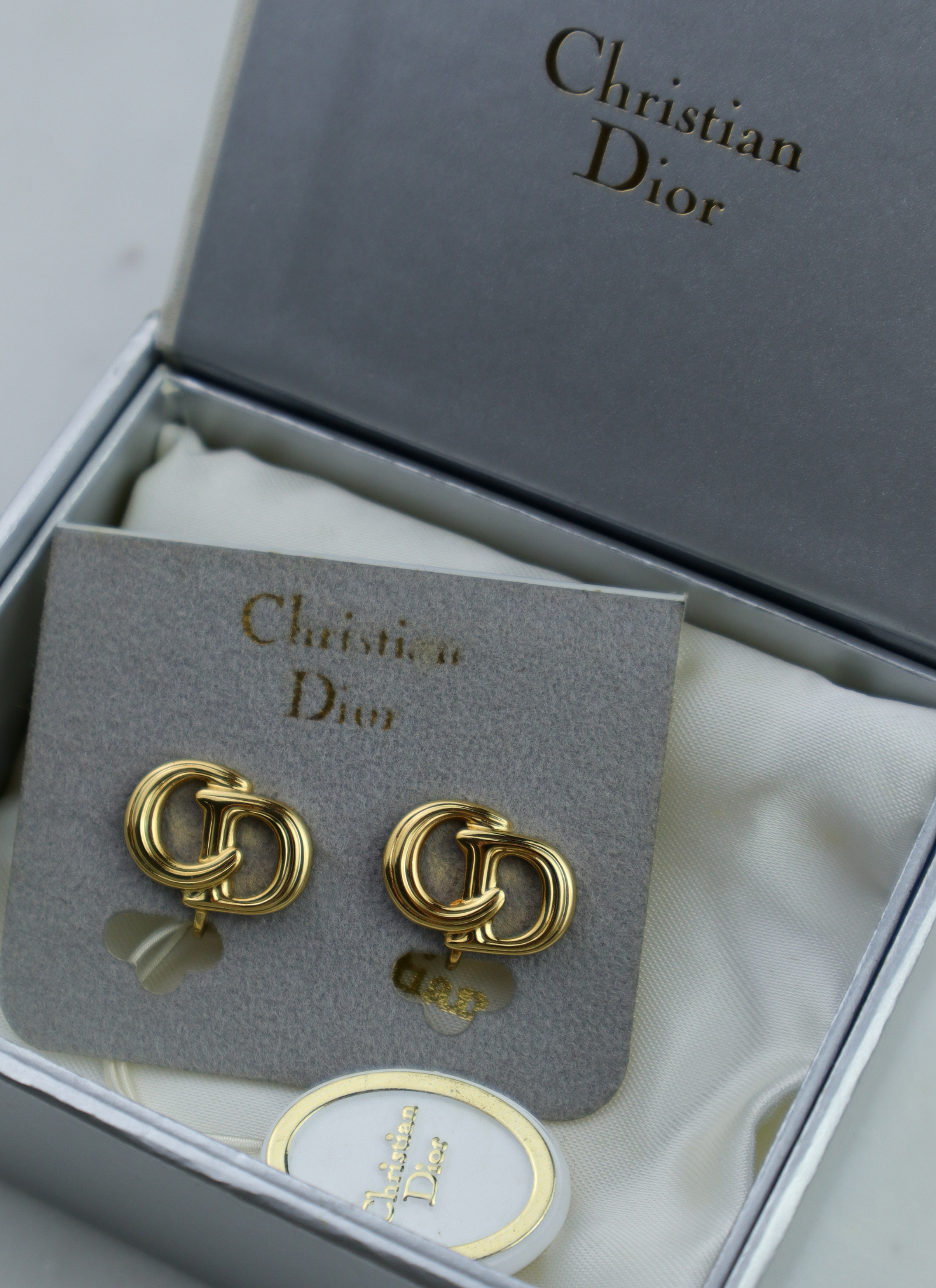 Christian Dior - klipsy vintage ryflowane CD set z pudełkiem