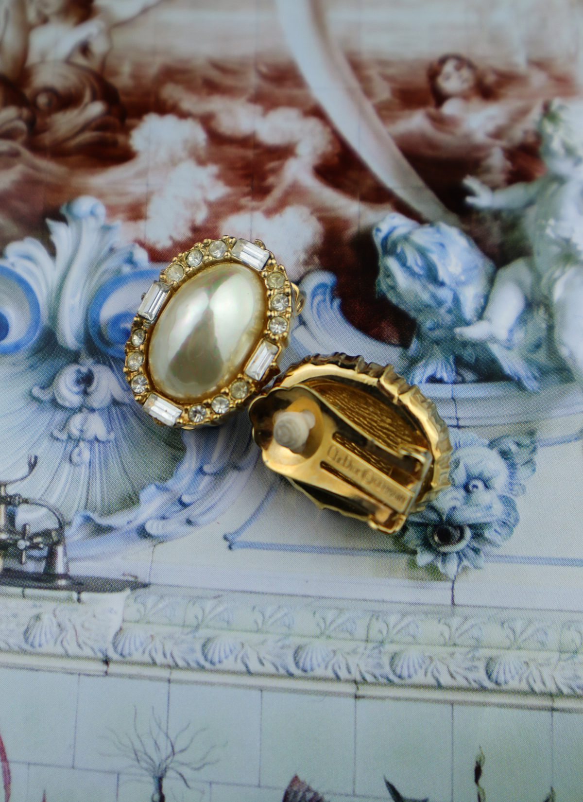 Christian Dior - klipsy z kryształkami i faux pearls