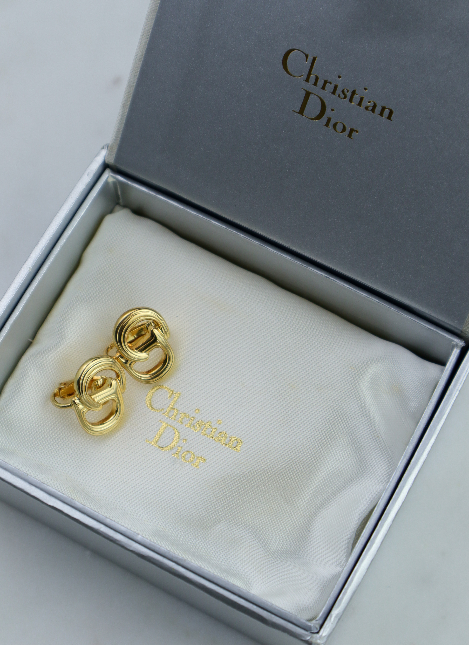 Christian Dior - klipsy vintage ryflowane CD set z pudełkiem
