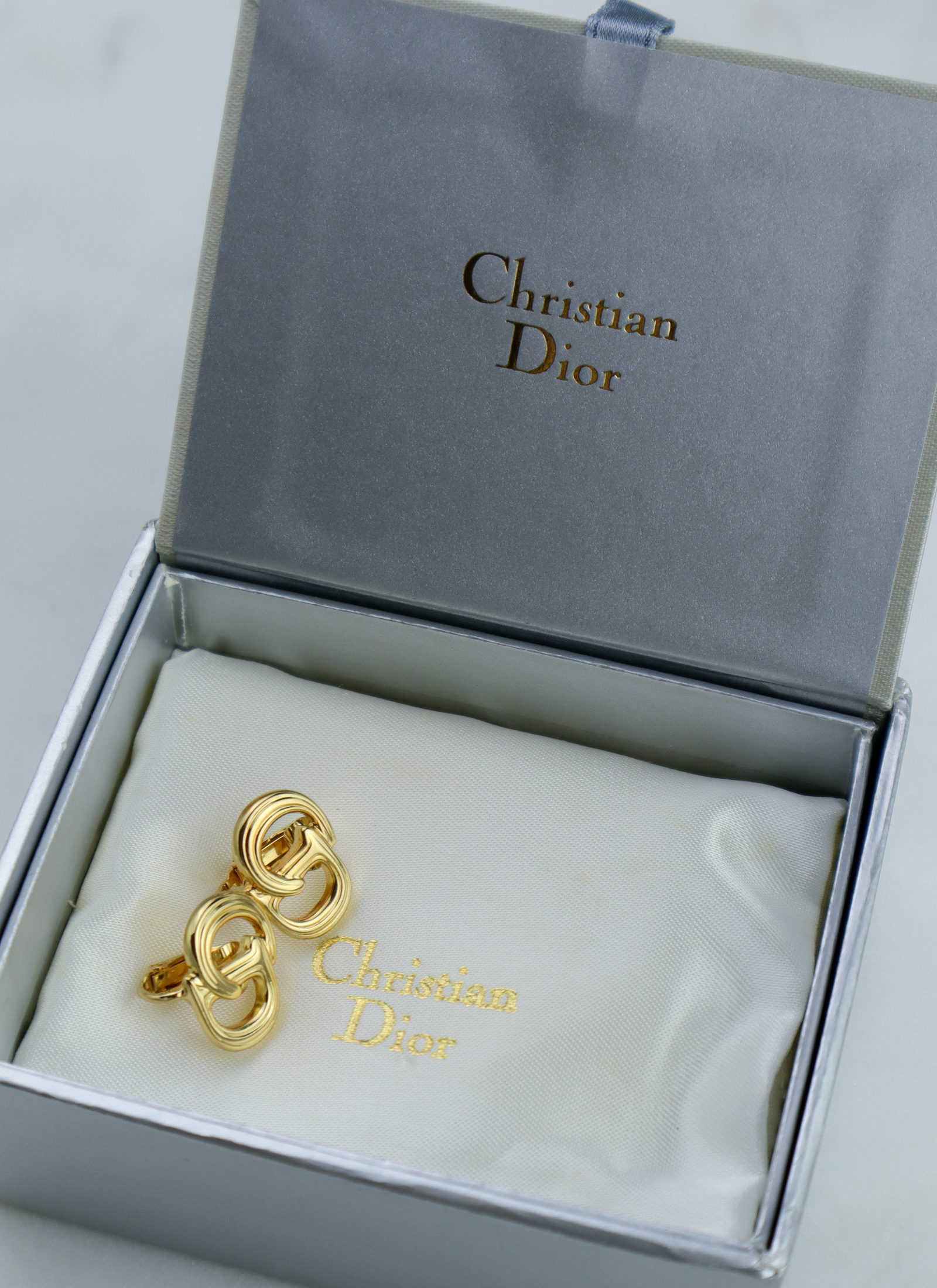 Christian Dior - klipsy vintage ryflowane CD set z pudełkiem