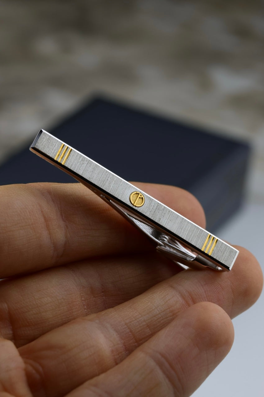 Dunhill – spinki do mankietów i spinka do krawatu, stal szczotkowana ze złotymi akcentami (S39)