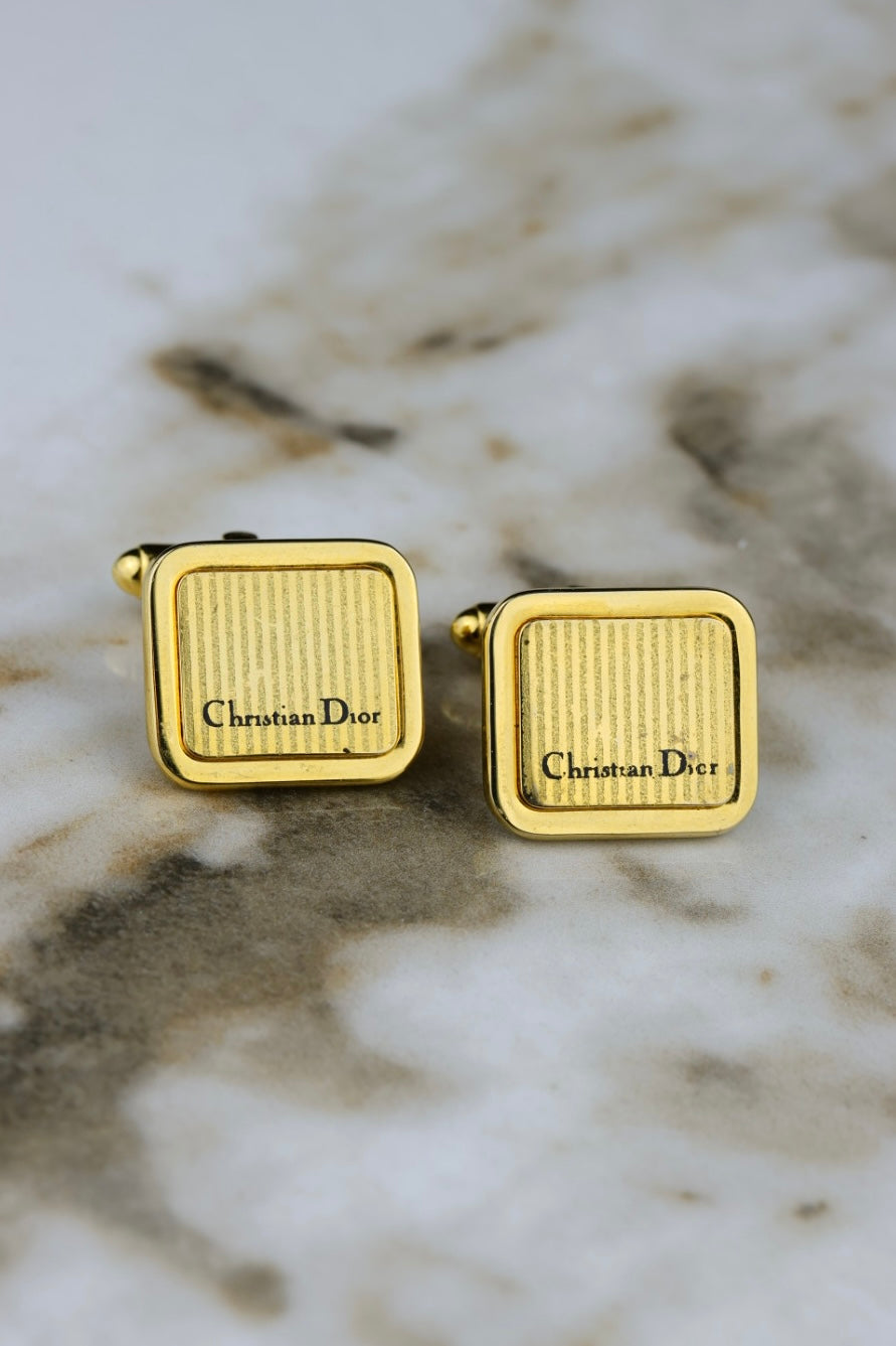 Christian Dior – kwadratowe pozłacane spinki z motywem tapestry (SP025)