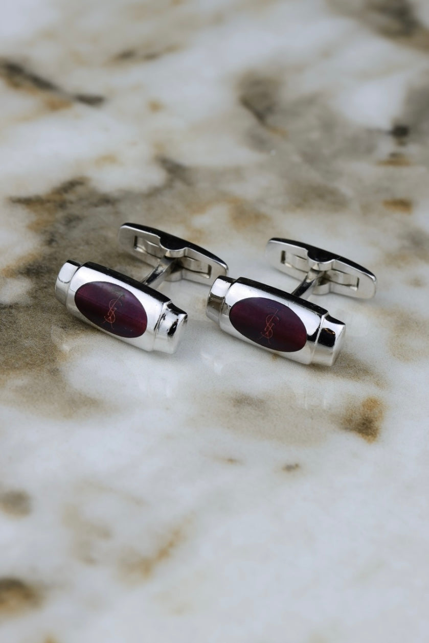 Yves Saint Laurent – stalowe podłużne spinki z purpurowym wypełnieniem i logo (SP020)