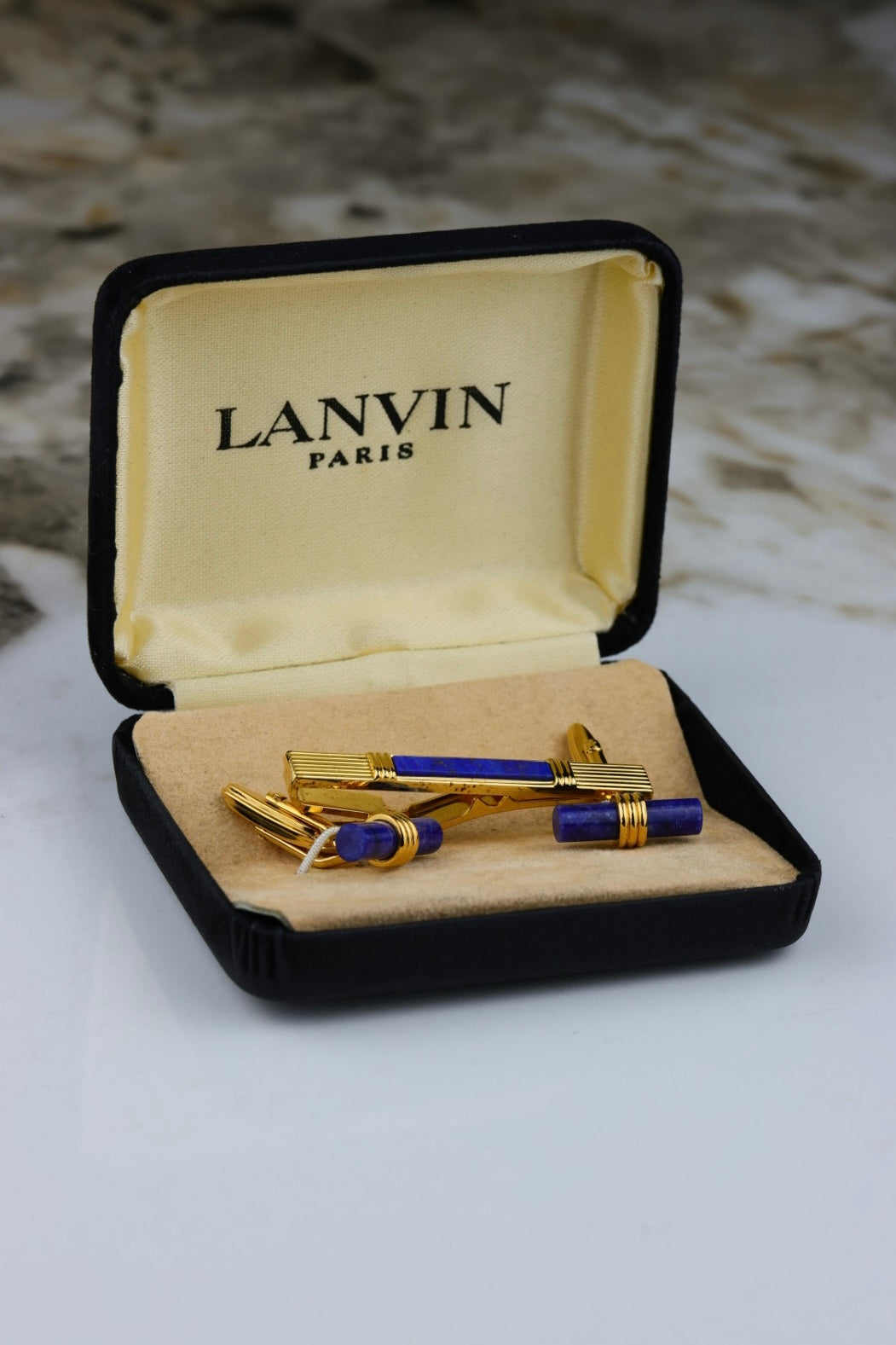 Lanvin – zestaw spinek do mankietów i krawata pozłacany z kamieniem a`la lapis lazuli (S48)