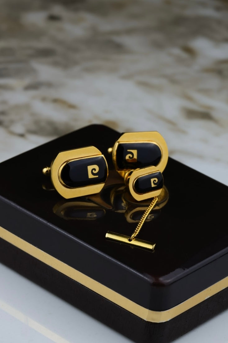 Pierre Cardin – spinki do mankietów złoto-czarne (S43)