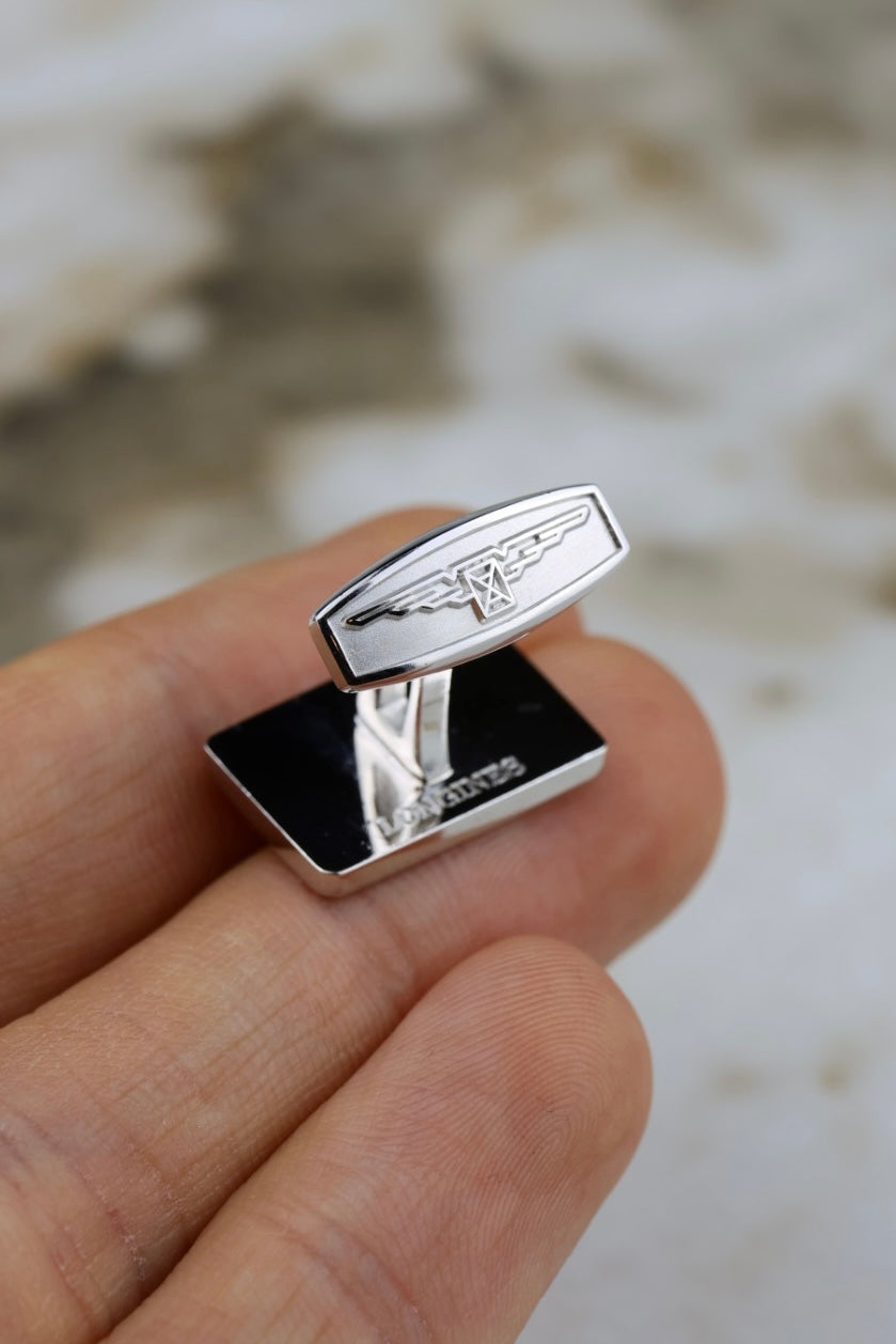 Longines – stalowe prostokątne spinki ze złotą literą L (SP017)