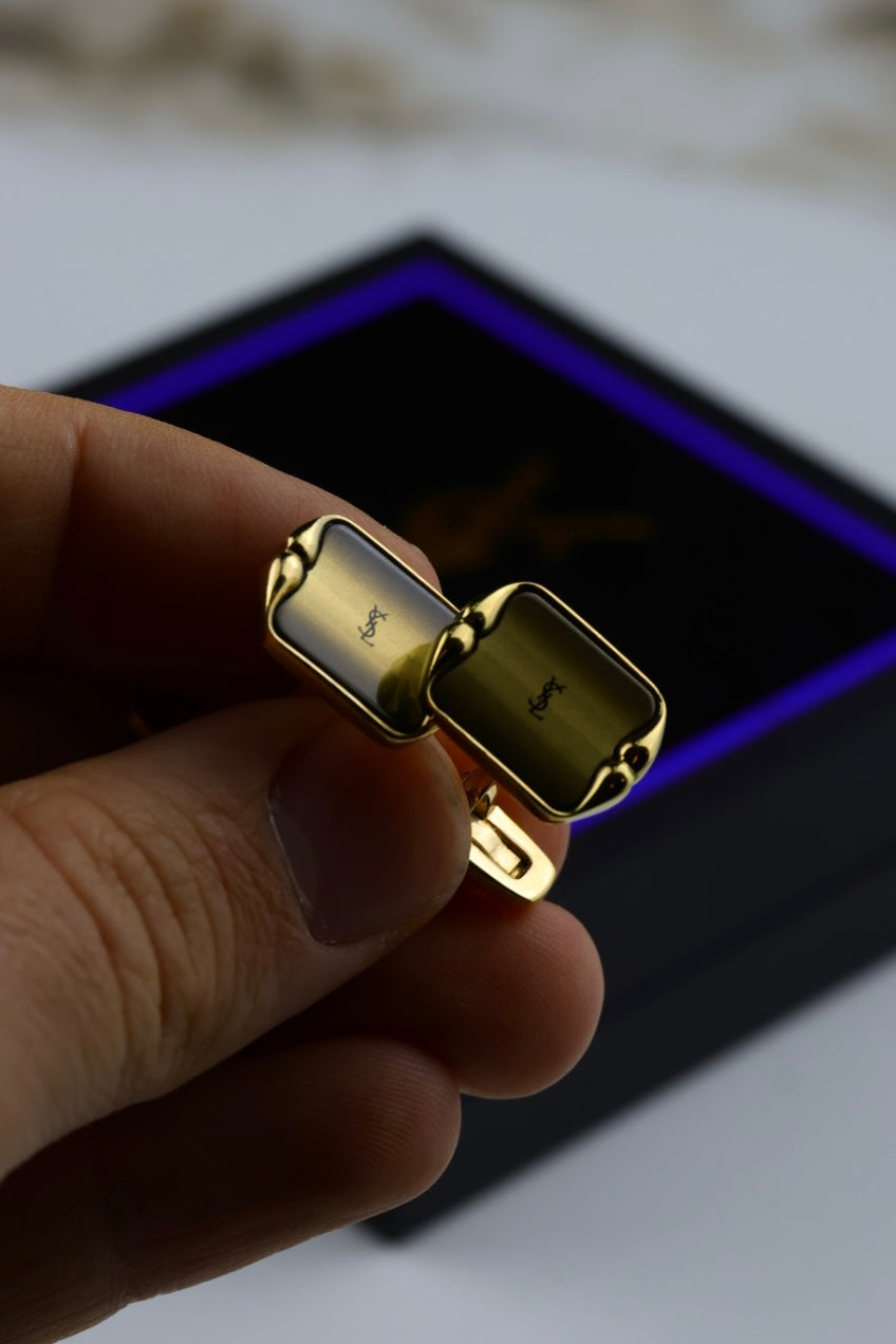 Yves Saint Laurent – zestaw spinki do mankietów, pozłacane z tygrysim okiem (S23)