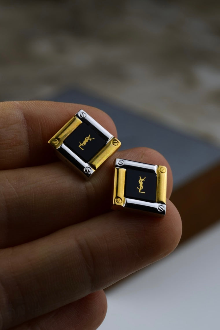 Yves Saint Laurent – zestaw spinki, srebrno-złote z czarnym emaliowanym detalem (S25)