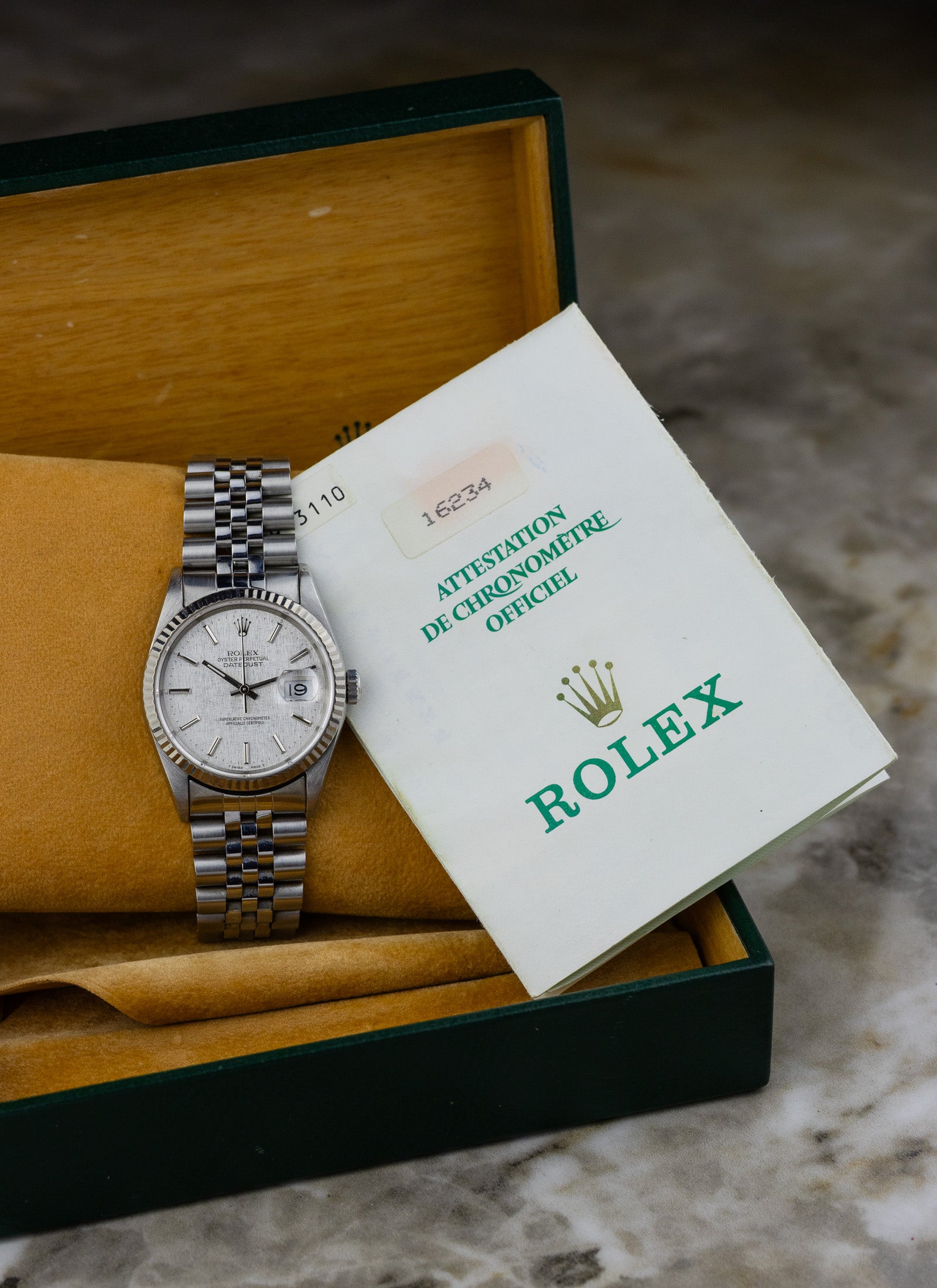 1990 Rolex Datejust Silver Linen Dial 16234 Full Set