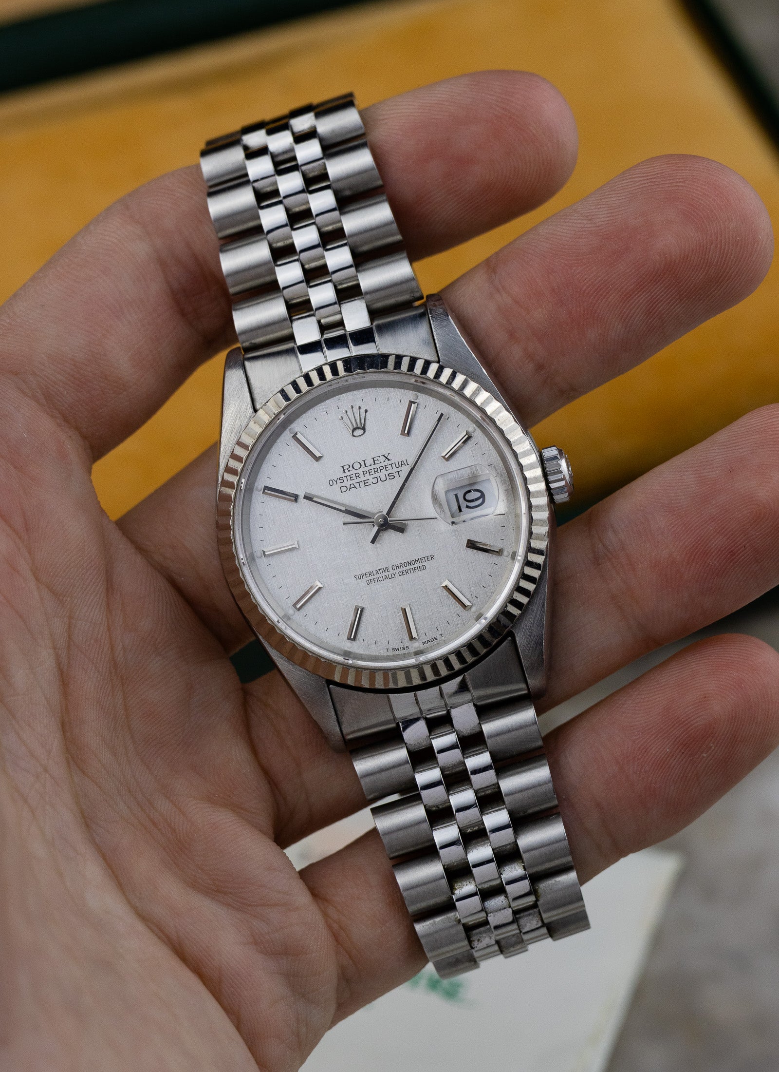 1990 Rolex Datejust Silver Linen Dial 16234 Full Set