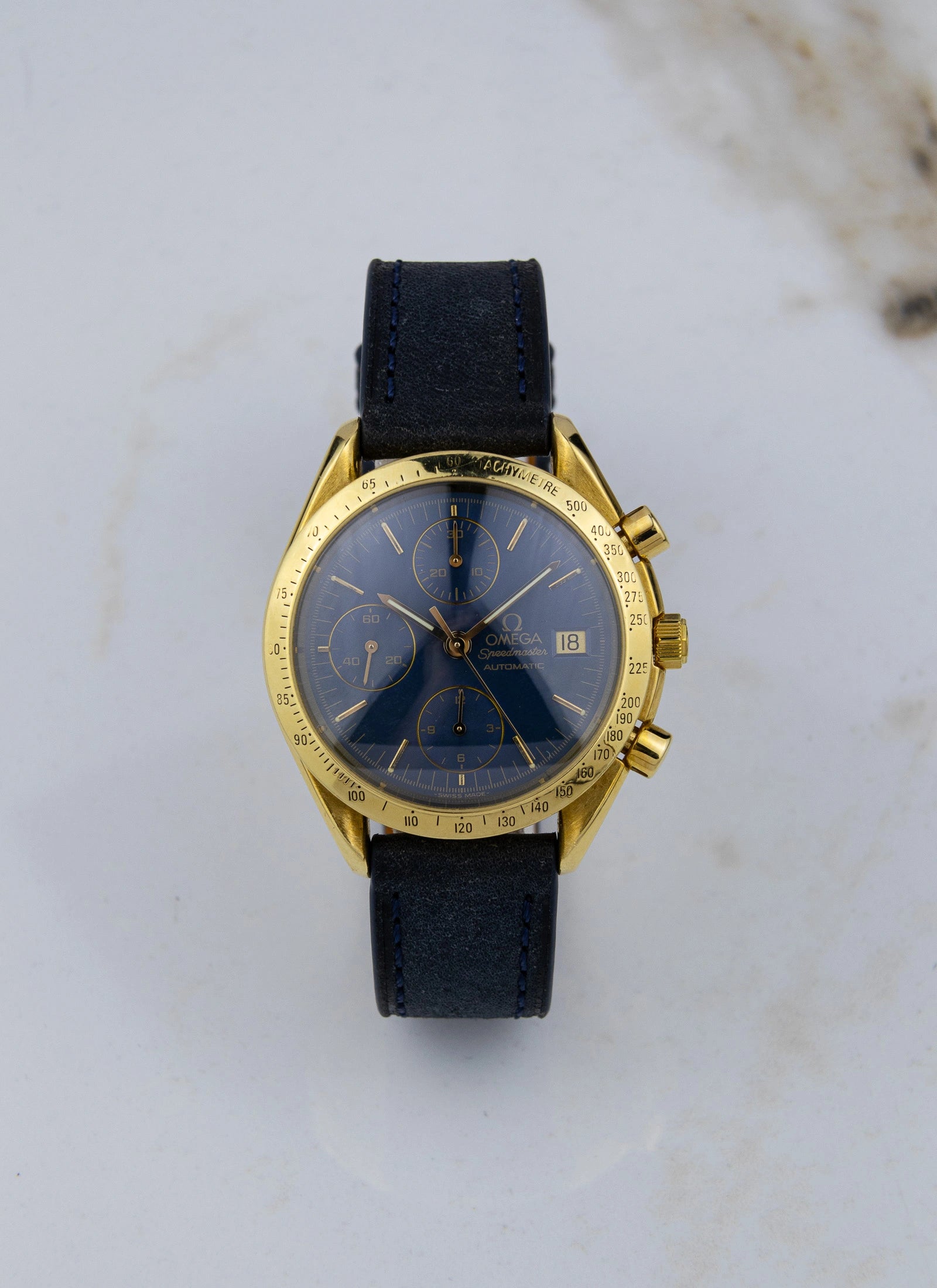1990s 18K Omega Speedmaster Date Reduced Navy