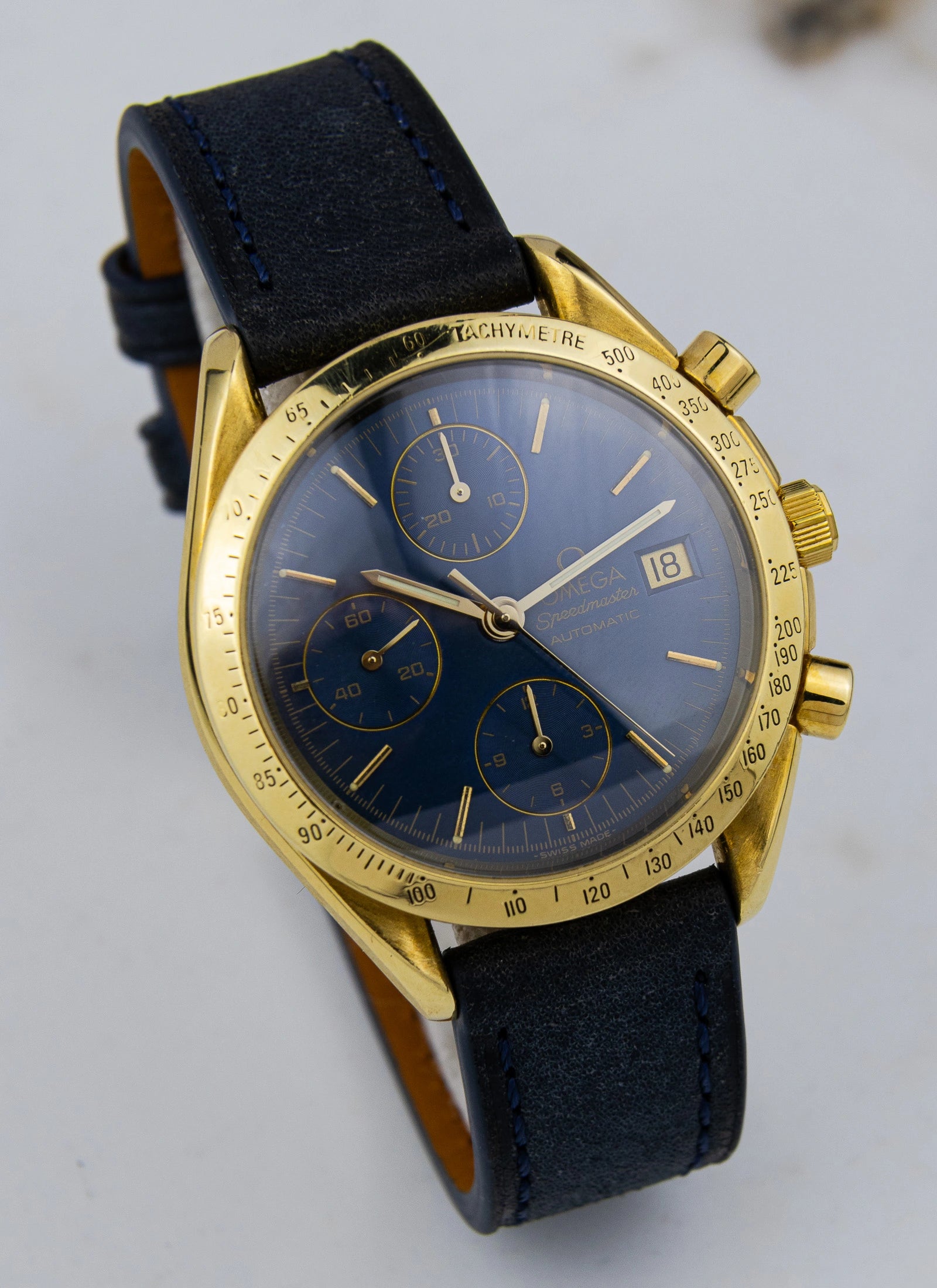 1990s 18K Omega Speedmaster Date Reduced Navy