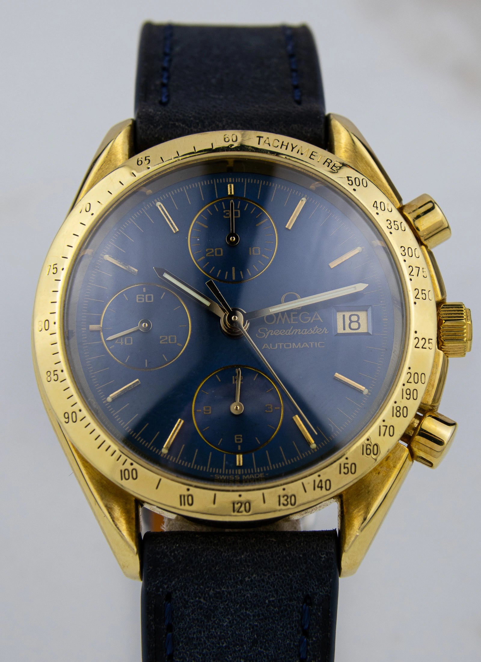 1990s 18K Omega Speedmaster Date Reduced Navy