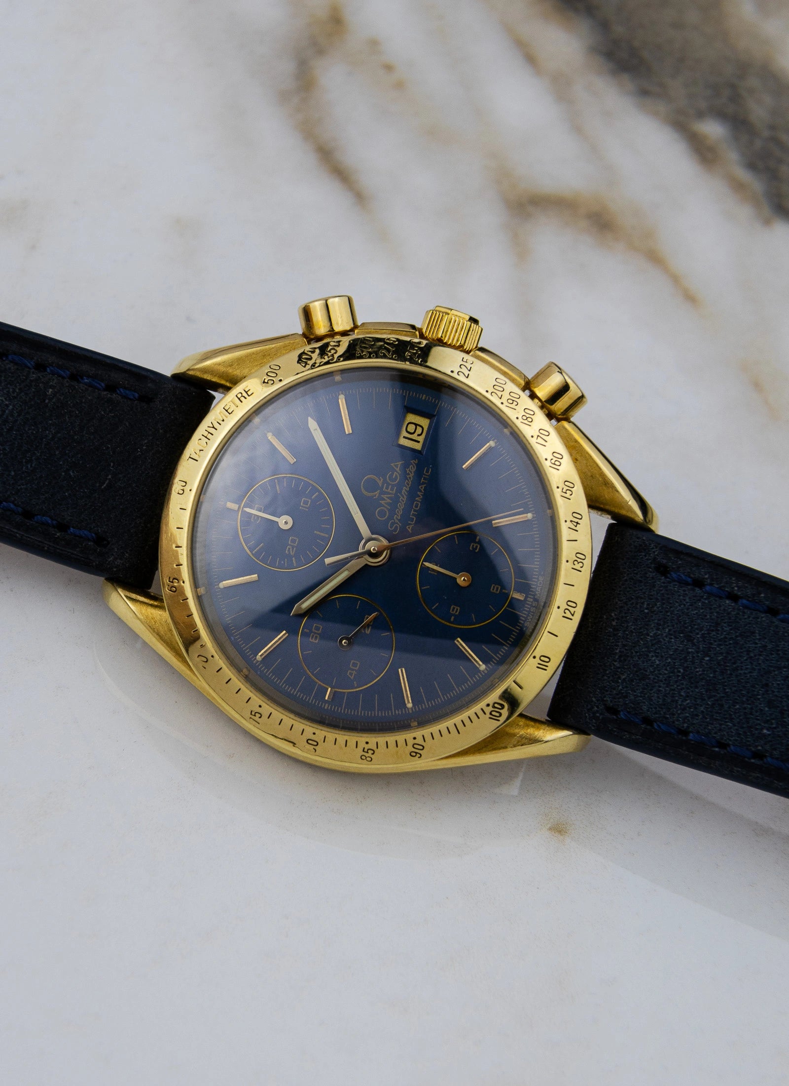 1990s 18K Omega Speedmaster Date Reduced Navy
