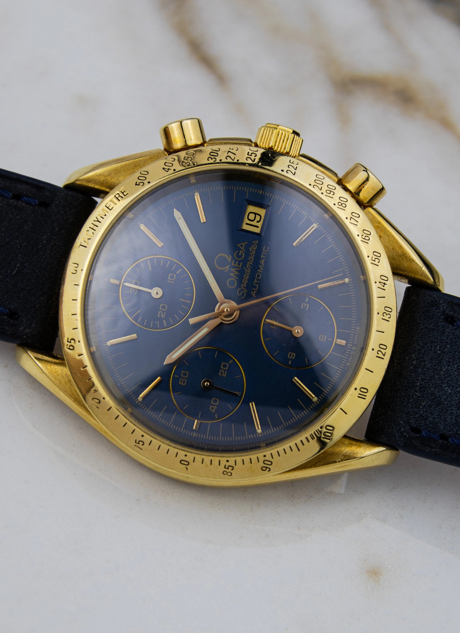 1990s 18K Omega Speedmaster Date Reduced Navy