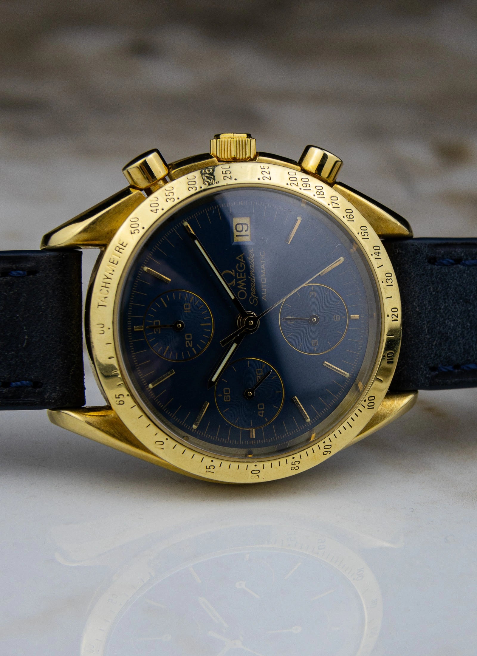 1990s 18K Omega Speedmaster Date Reduced Navy