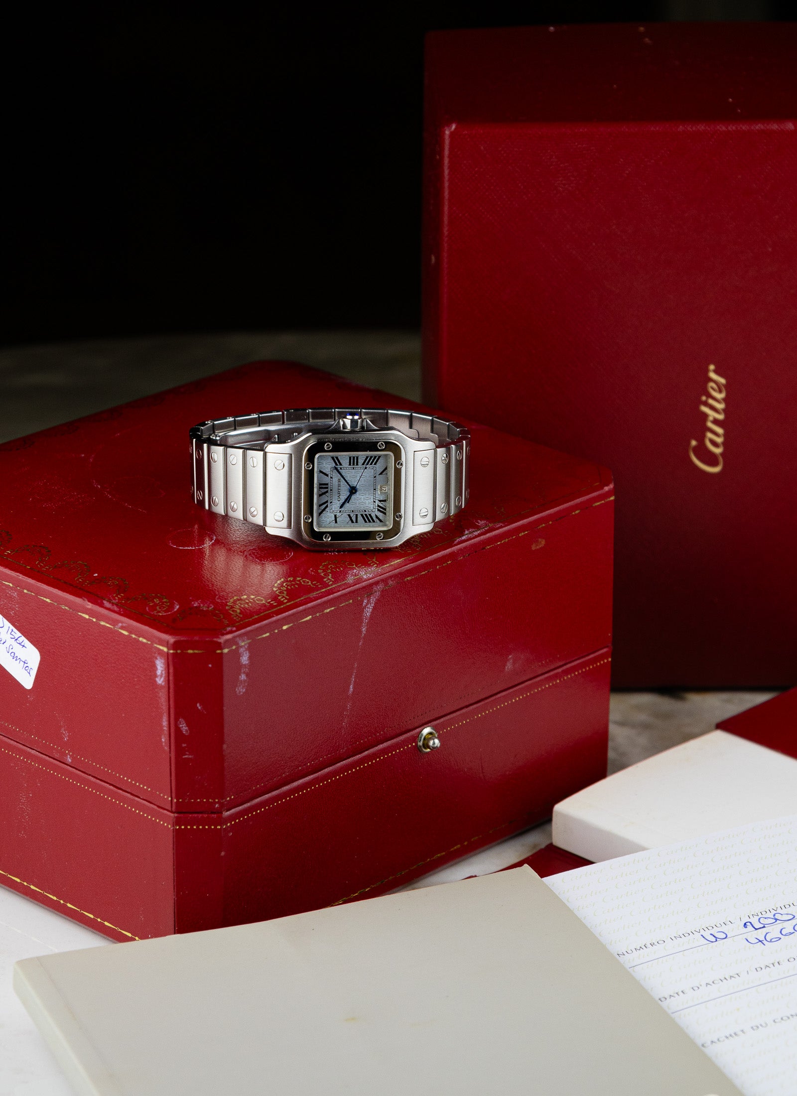 2005 Cartier Santos Galbee 1564 Ice Blue Anniversary Dial Full Set