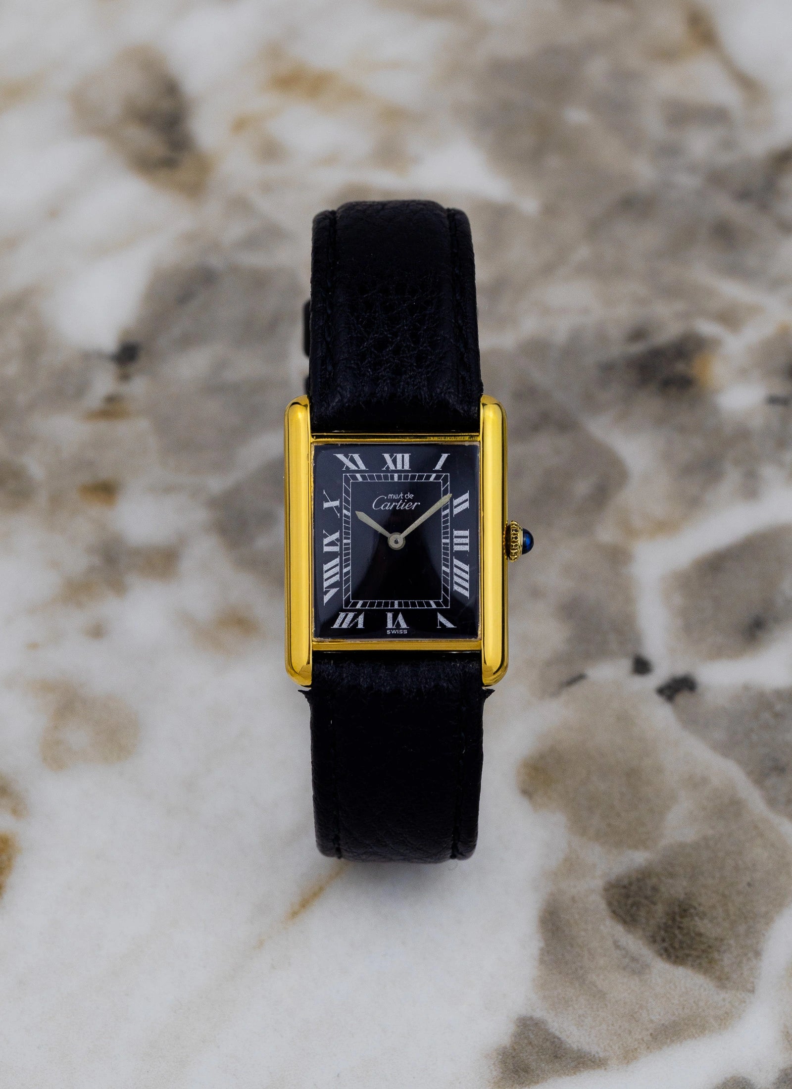 1980s Must De Cartier Tank Black Roman Dial Manual