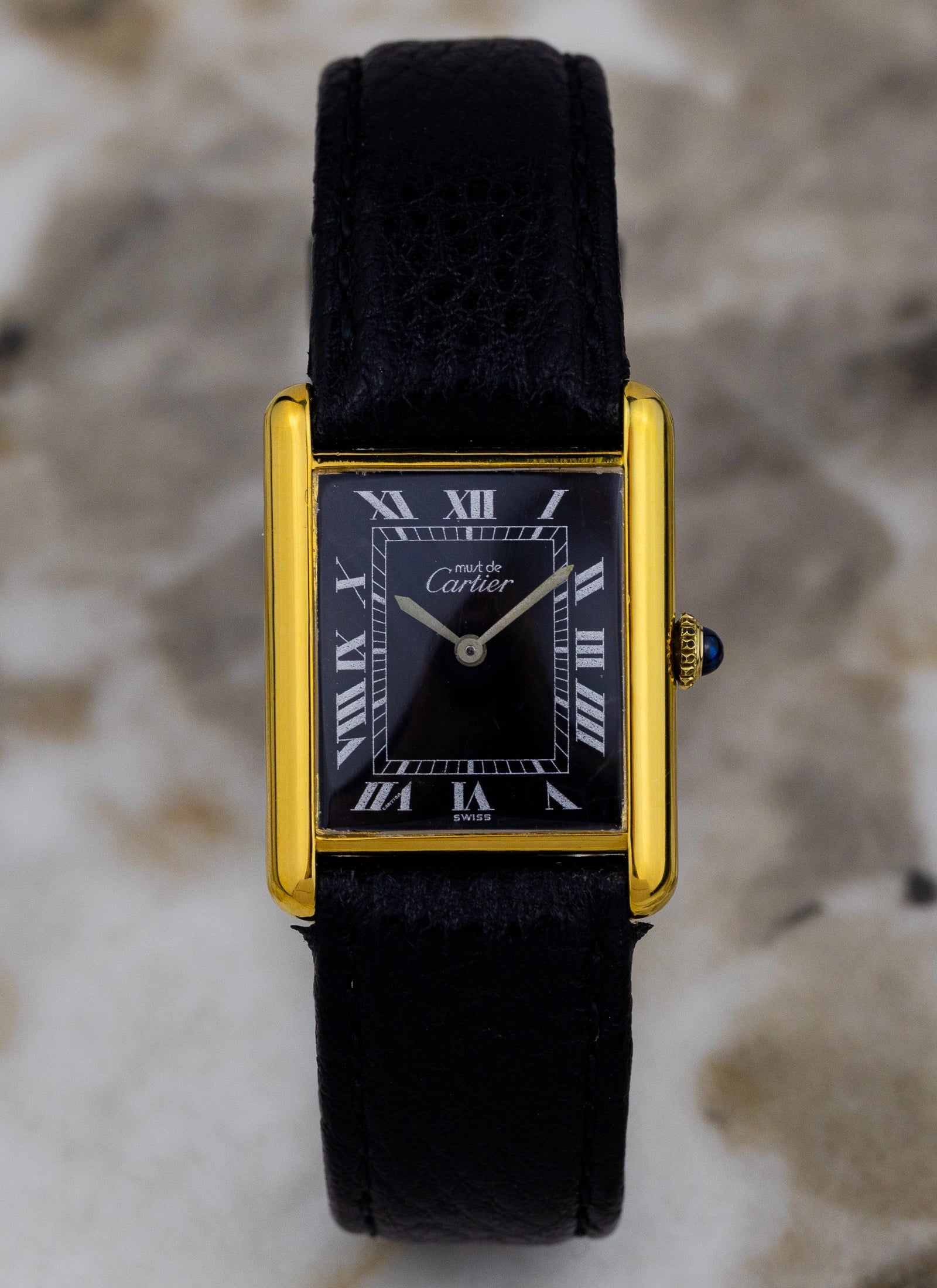 1980s Must De Cartier Tank Black Roman Dial Manual