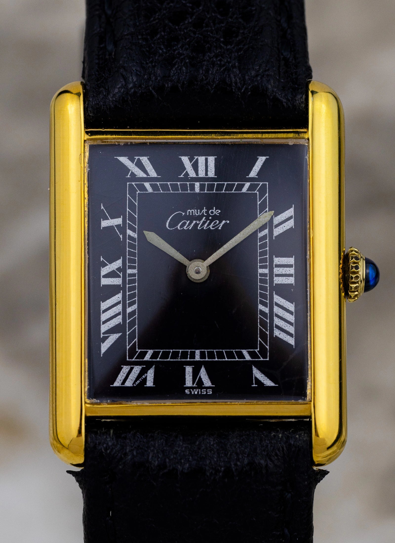 1980s Must De Cartier Tank Black Roman Dial Manual