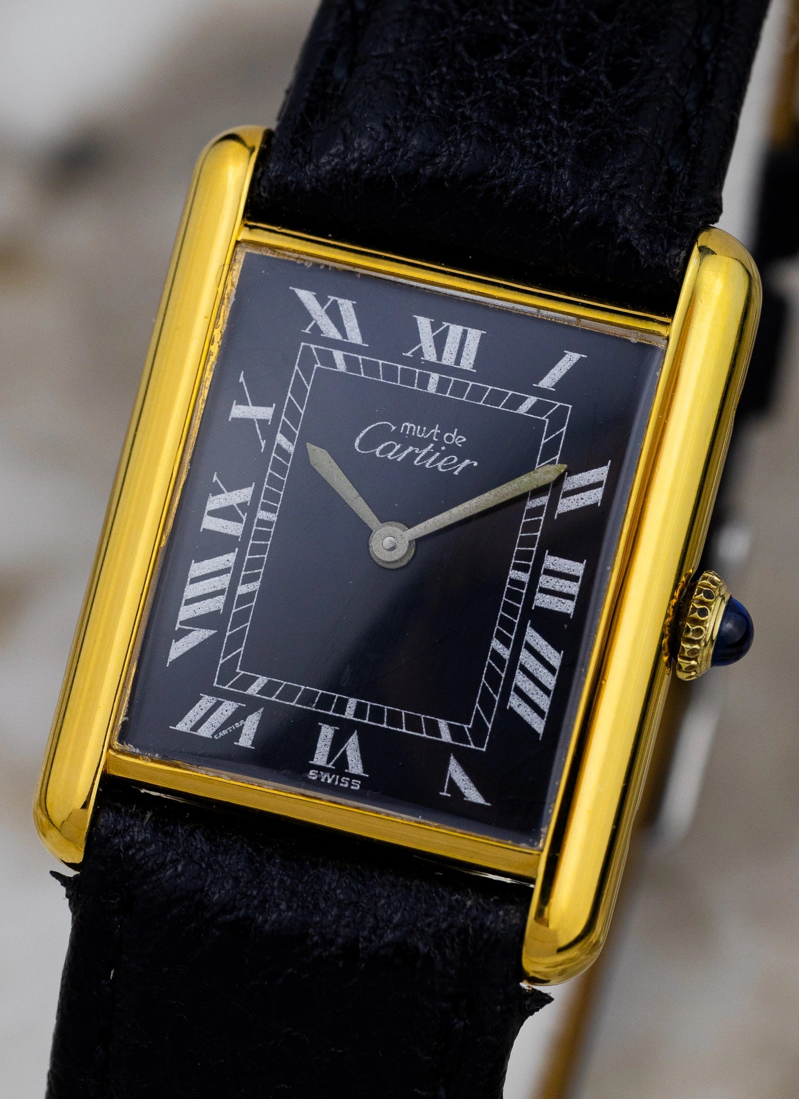 1980s Must De Cartier Tank Black Roman Dial Manual