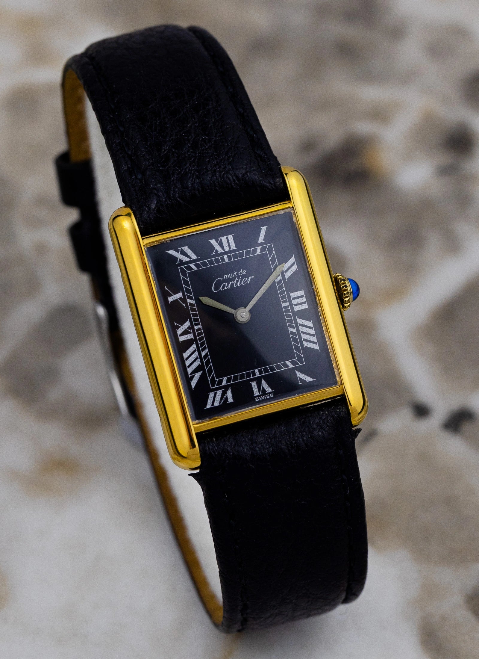 1980s Must De Cartier Tank Black Roman Dial Manual