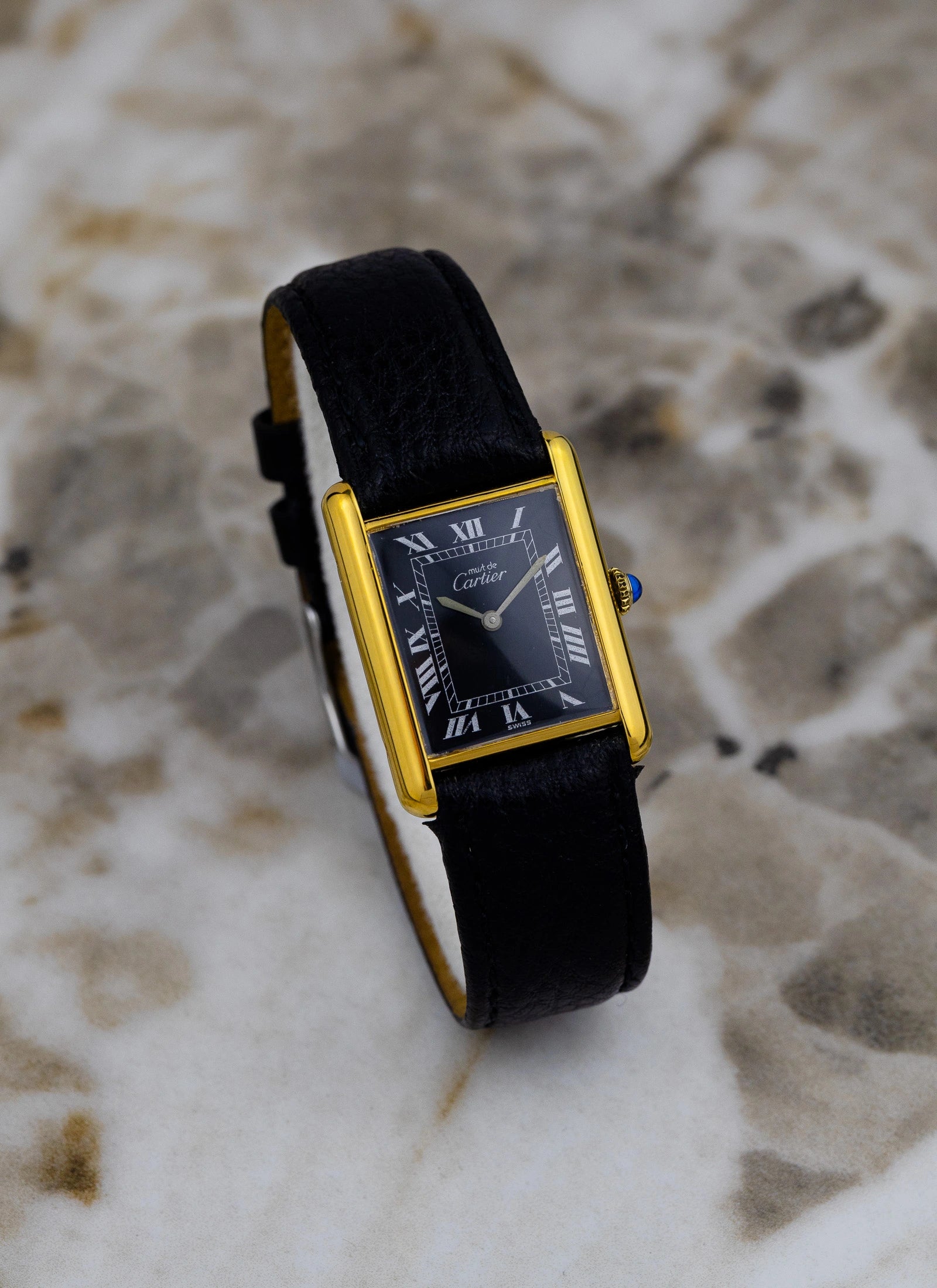 1980s Must De Cartier Tank Black Roman Dial Manual