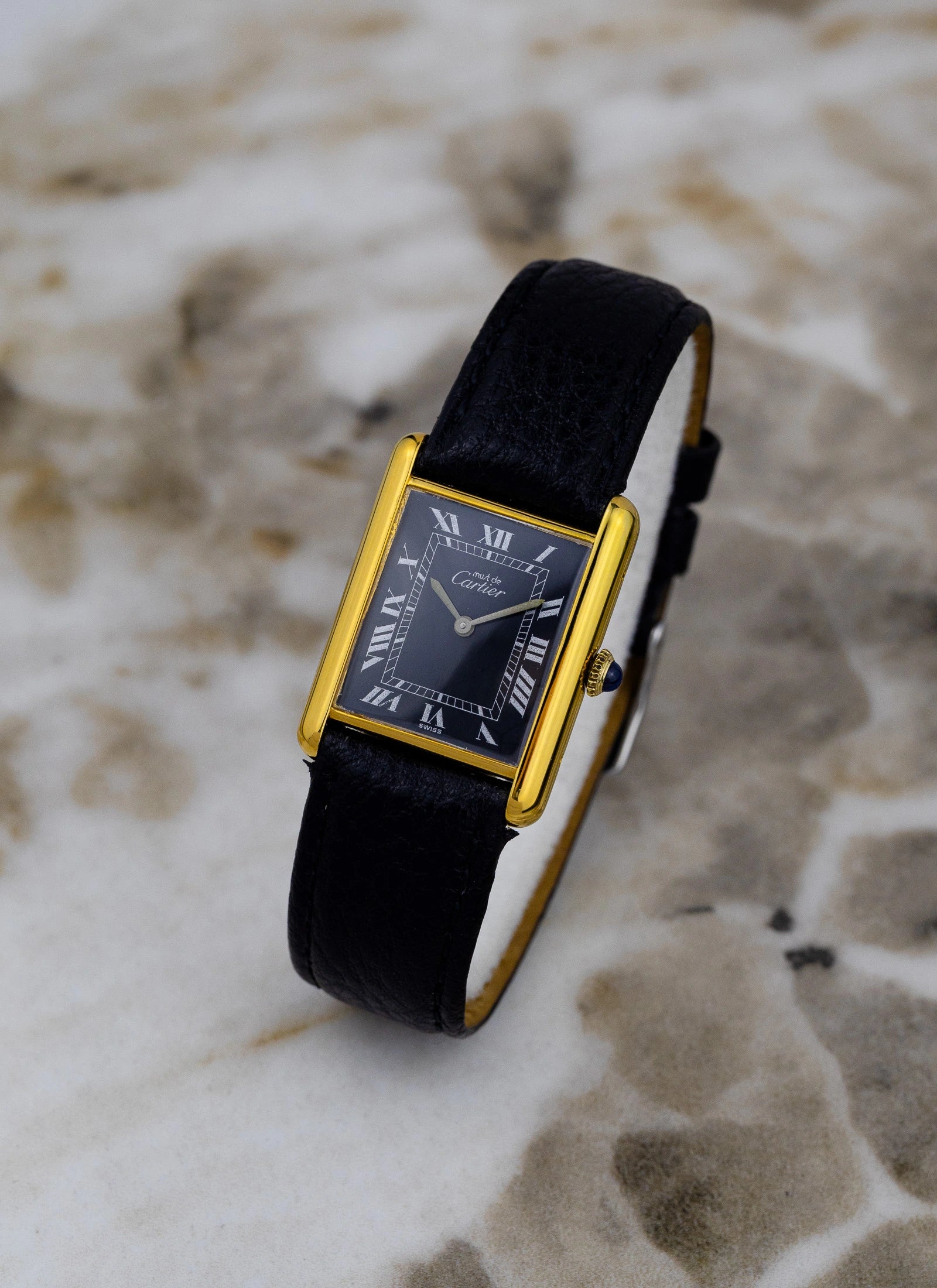 1980s Must De Cartier Tank Black Roman Dial Manual
