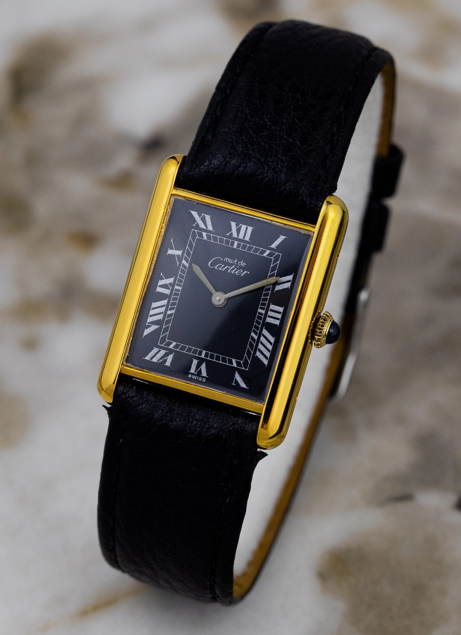 1980s Must De Cartier Tank Black Roman Dial Manual