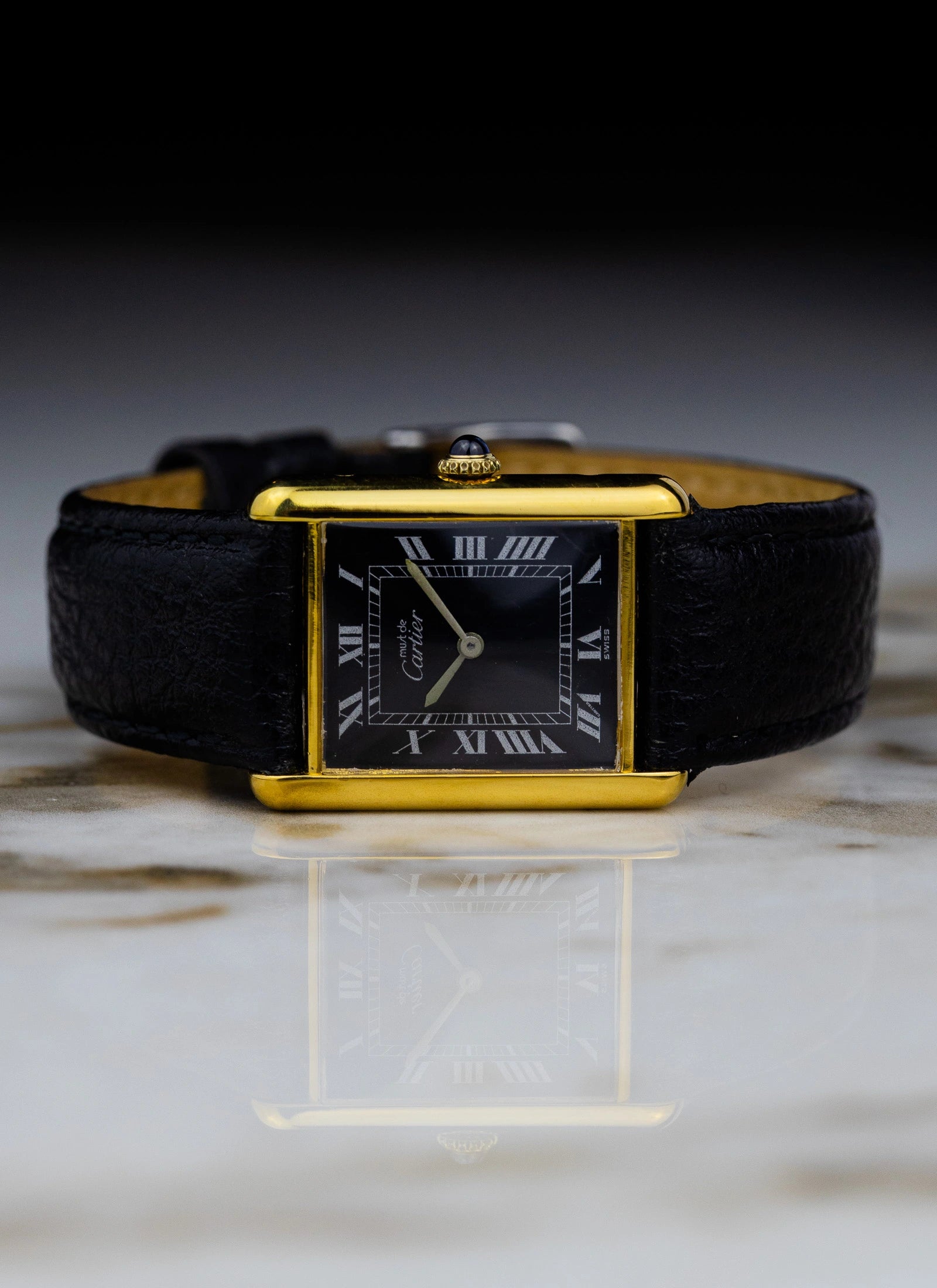 1980s Must De Cartier Tank Black Roman Dial Manual