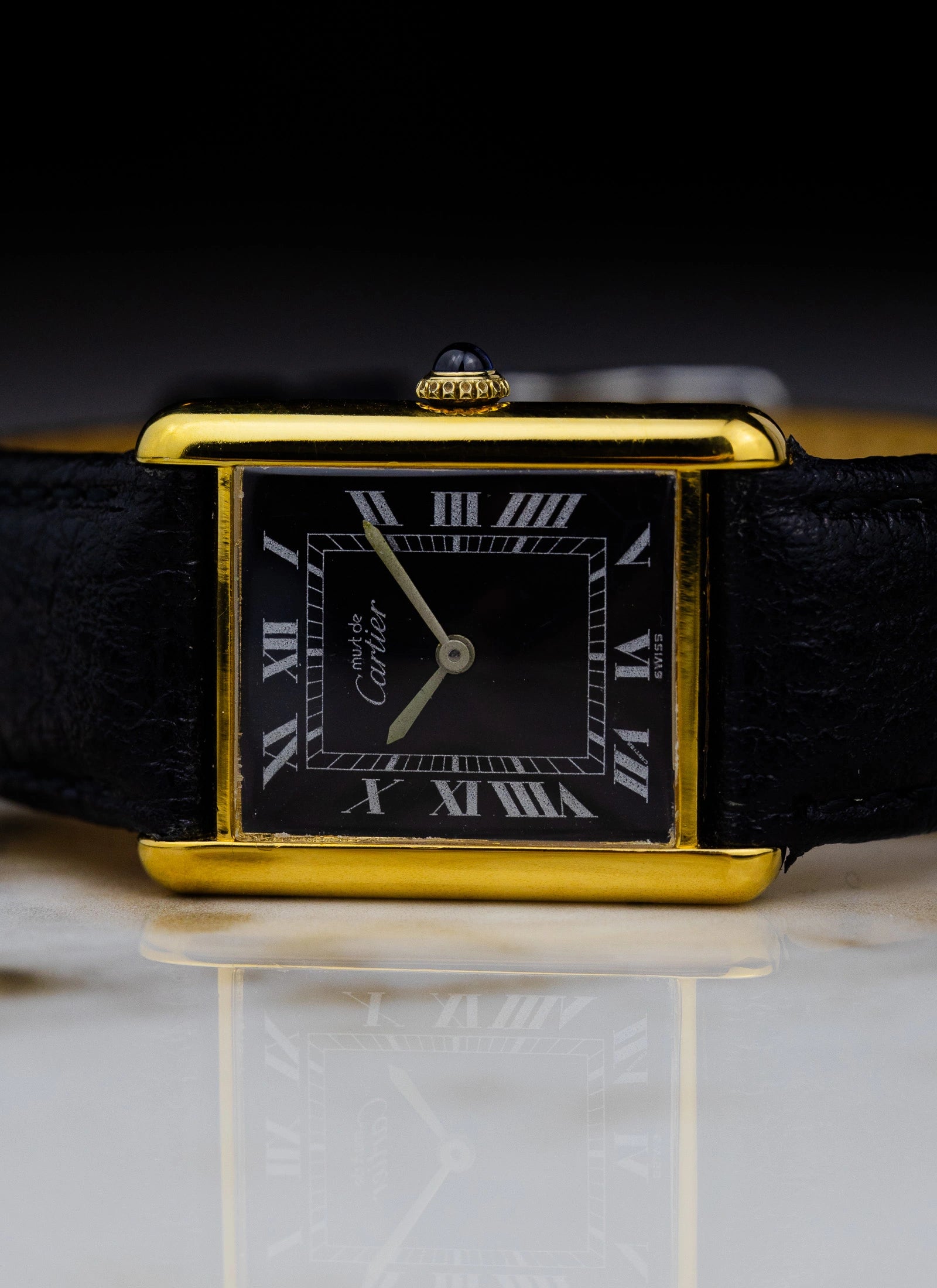 1980s Must De Cartier Tank Black Roman Dial Manual