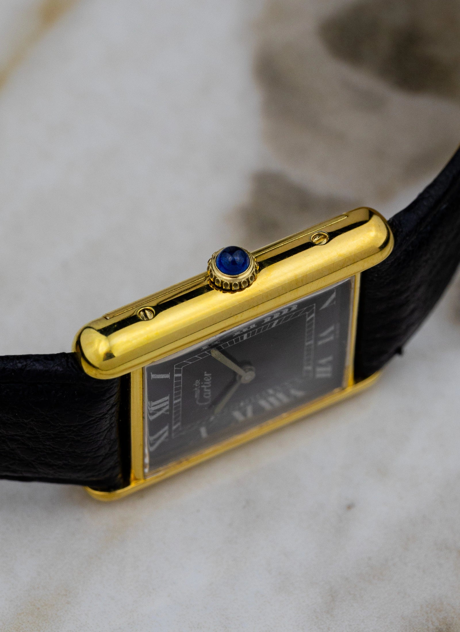 1980s Must De Cartier Tank Black Roman Dial Manual