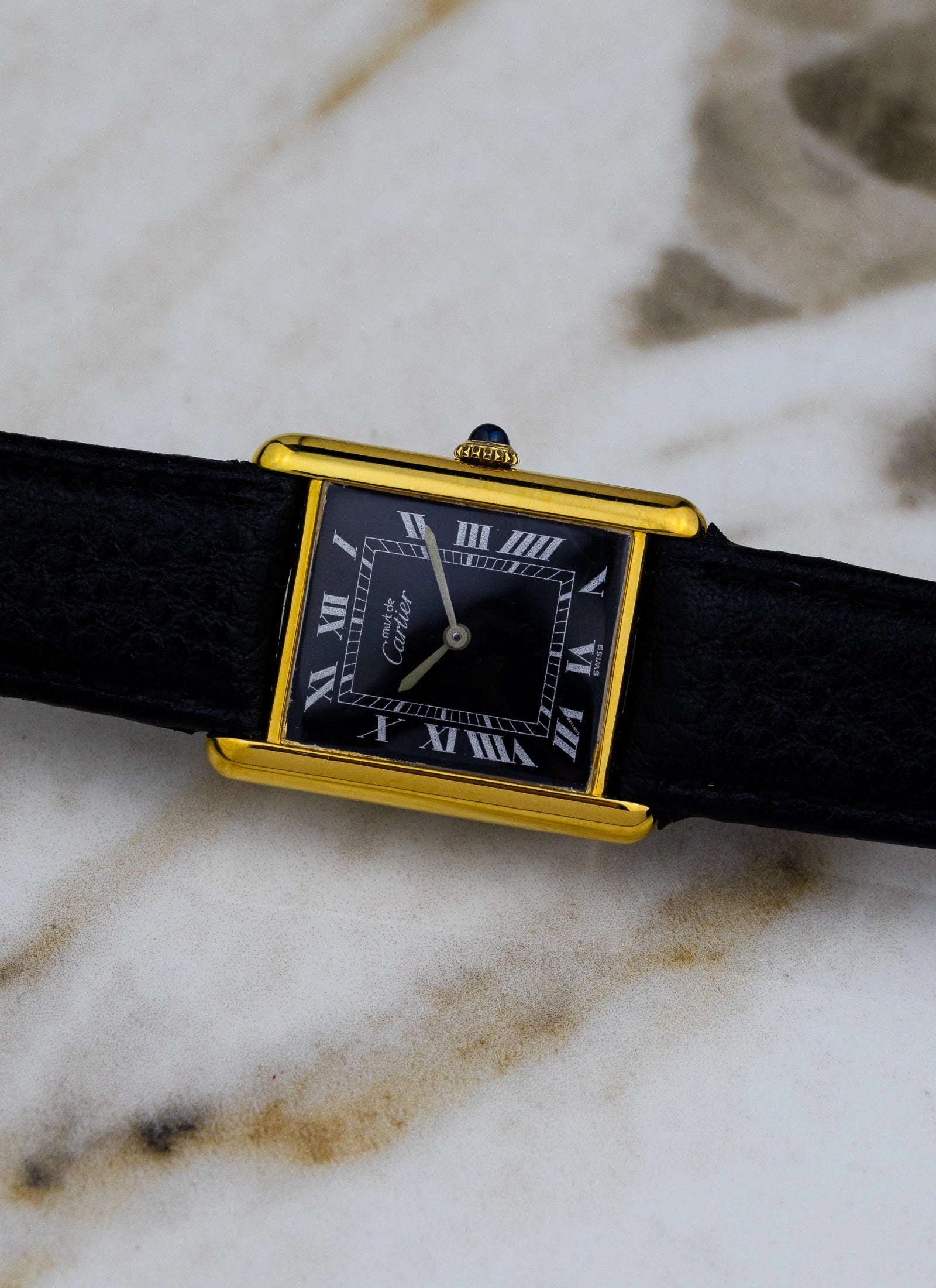 1980s Must De Cartier Tank Black Roman Dial Manual