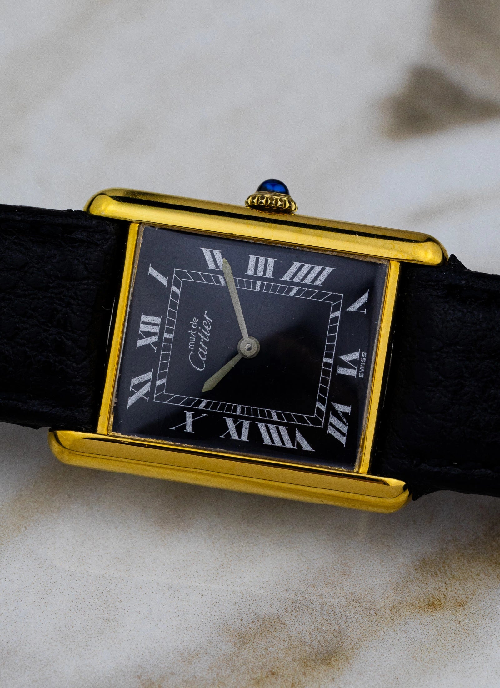 1980s Must De Cartier Tank Black Roman Dial Manual