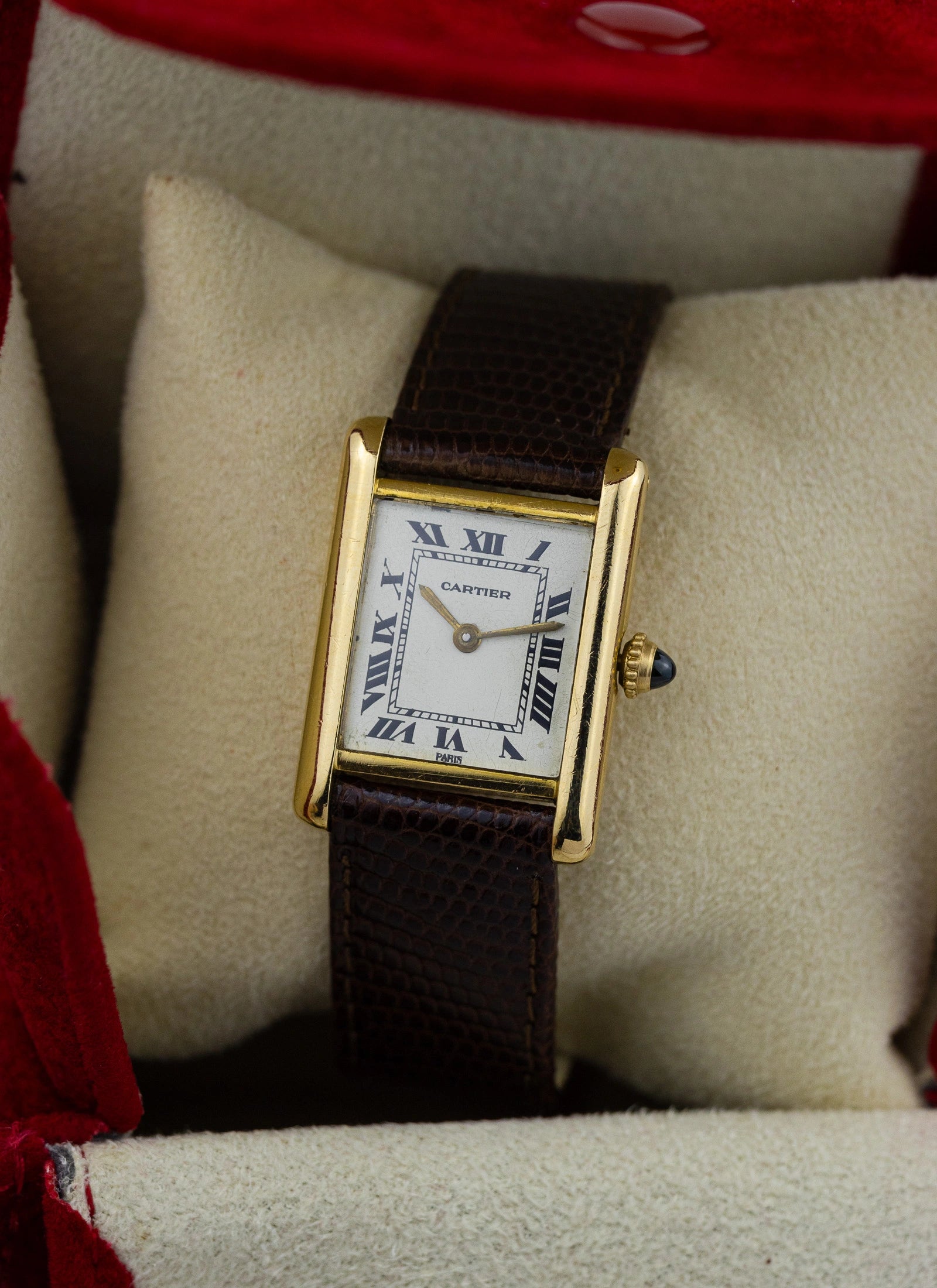 1990s 18K Cartier Tank Louis Paris Dial & Travel Box