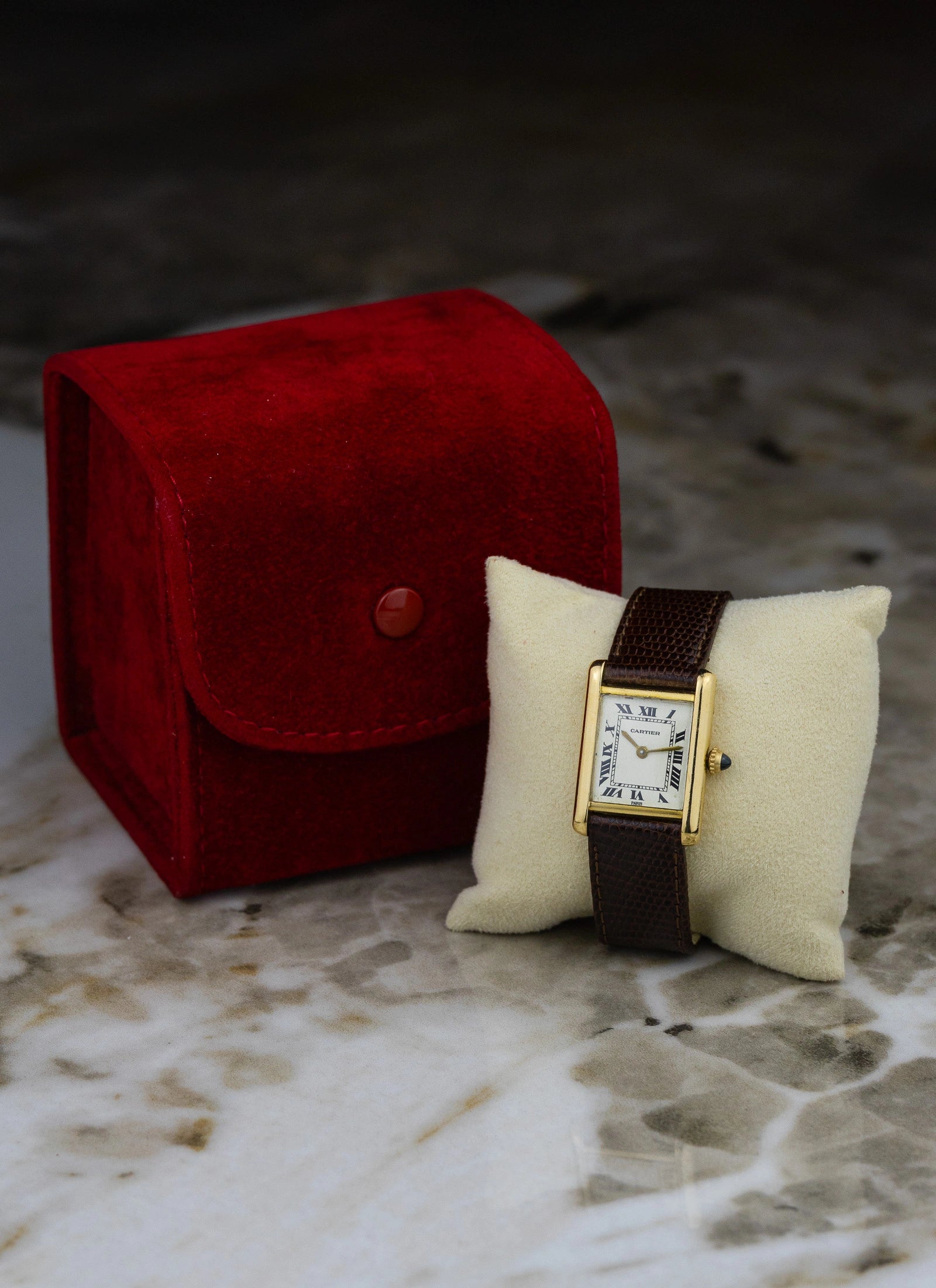 1990s 18K Cartier Tank Louis Paris Dial & Travel Box