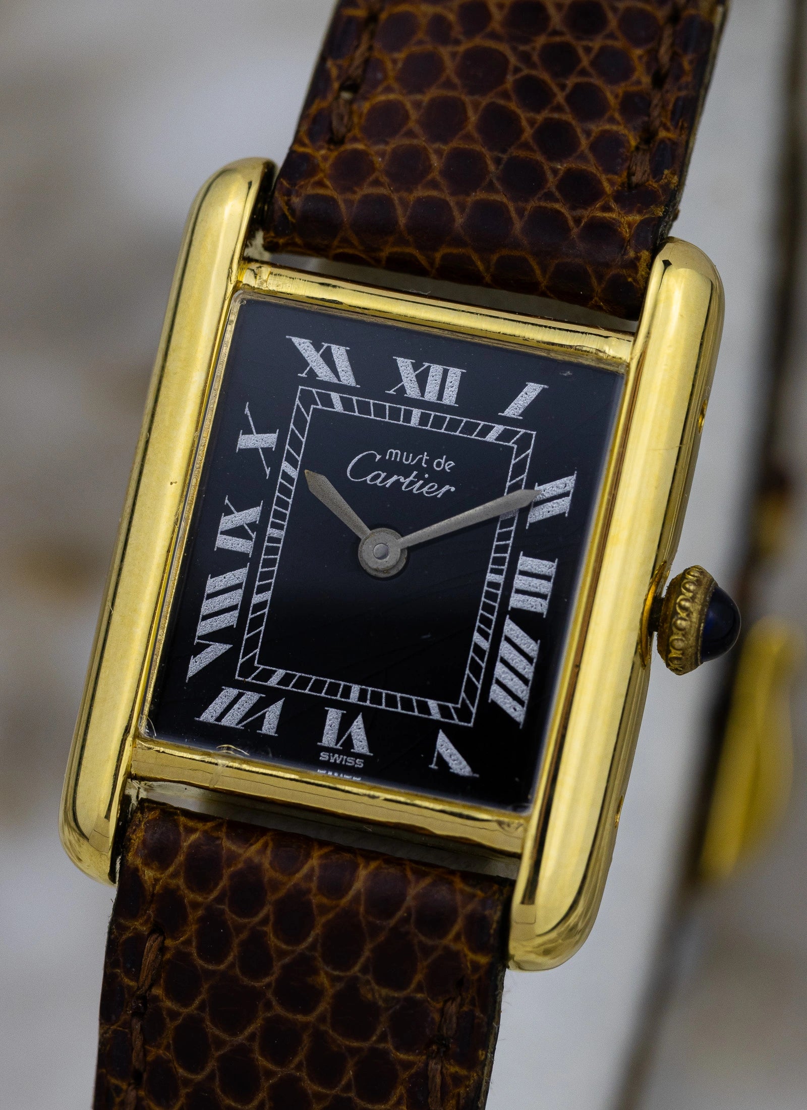 1980s Cartier Tank Vermeil Black Roman Dial