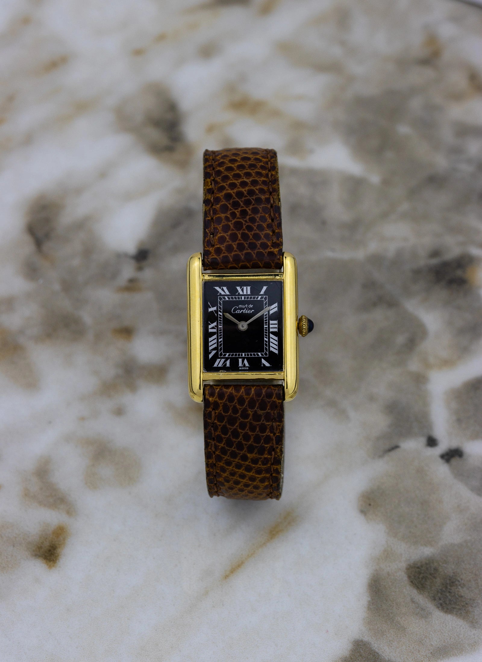 1980s Cartier Tank Vermeil Black Roman Dial