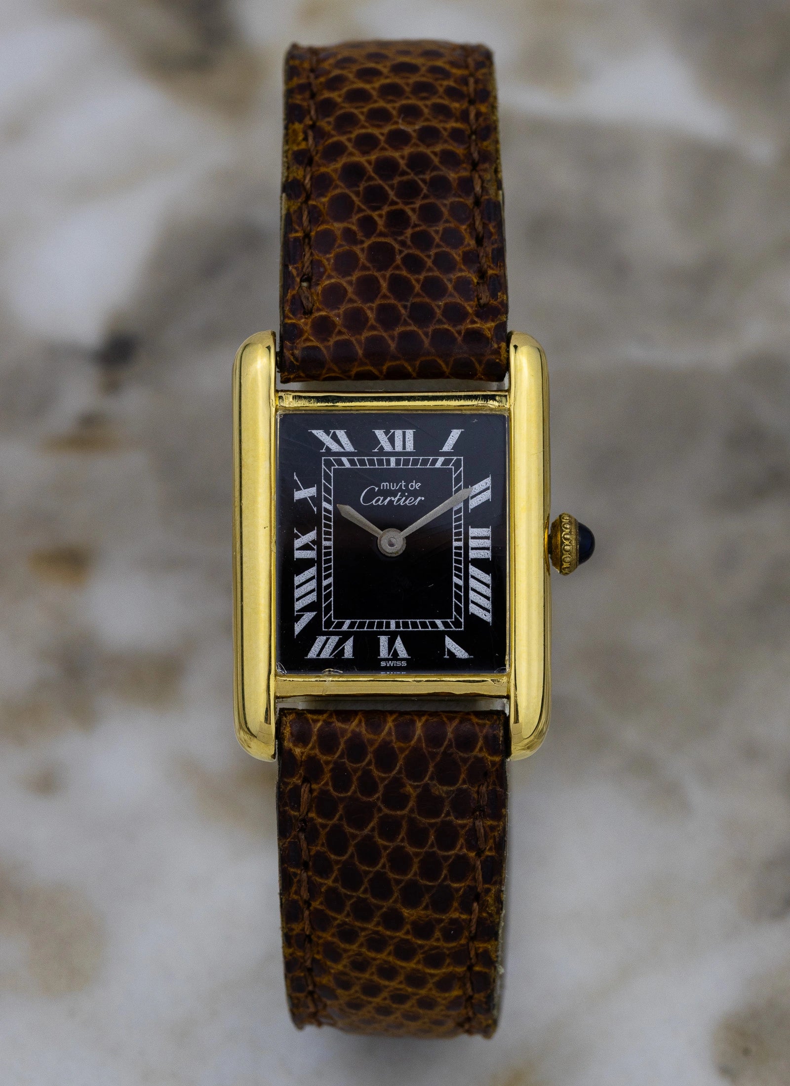 1980s Cartier Tank Vermeil Black Roman Dial