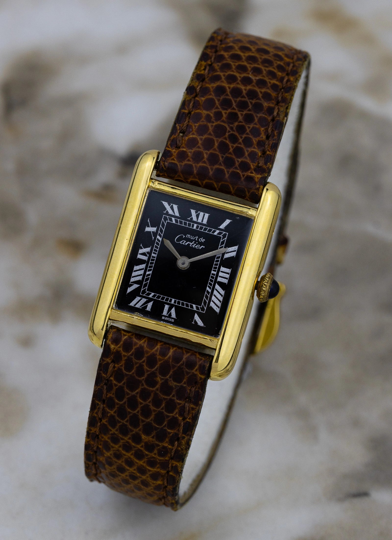1980s Cartier Tank Vermeil Black Roman Dial