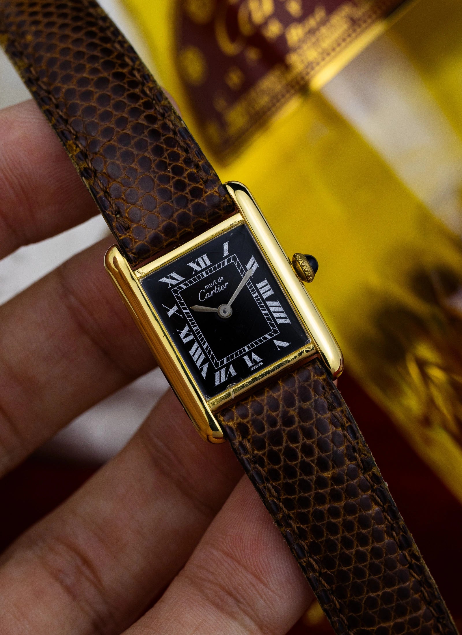 1980s Cartier Tank Vermeil Black Roman Dial