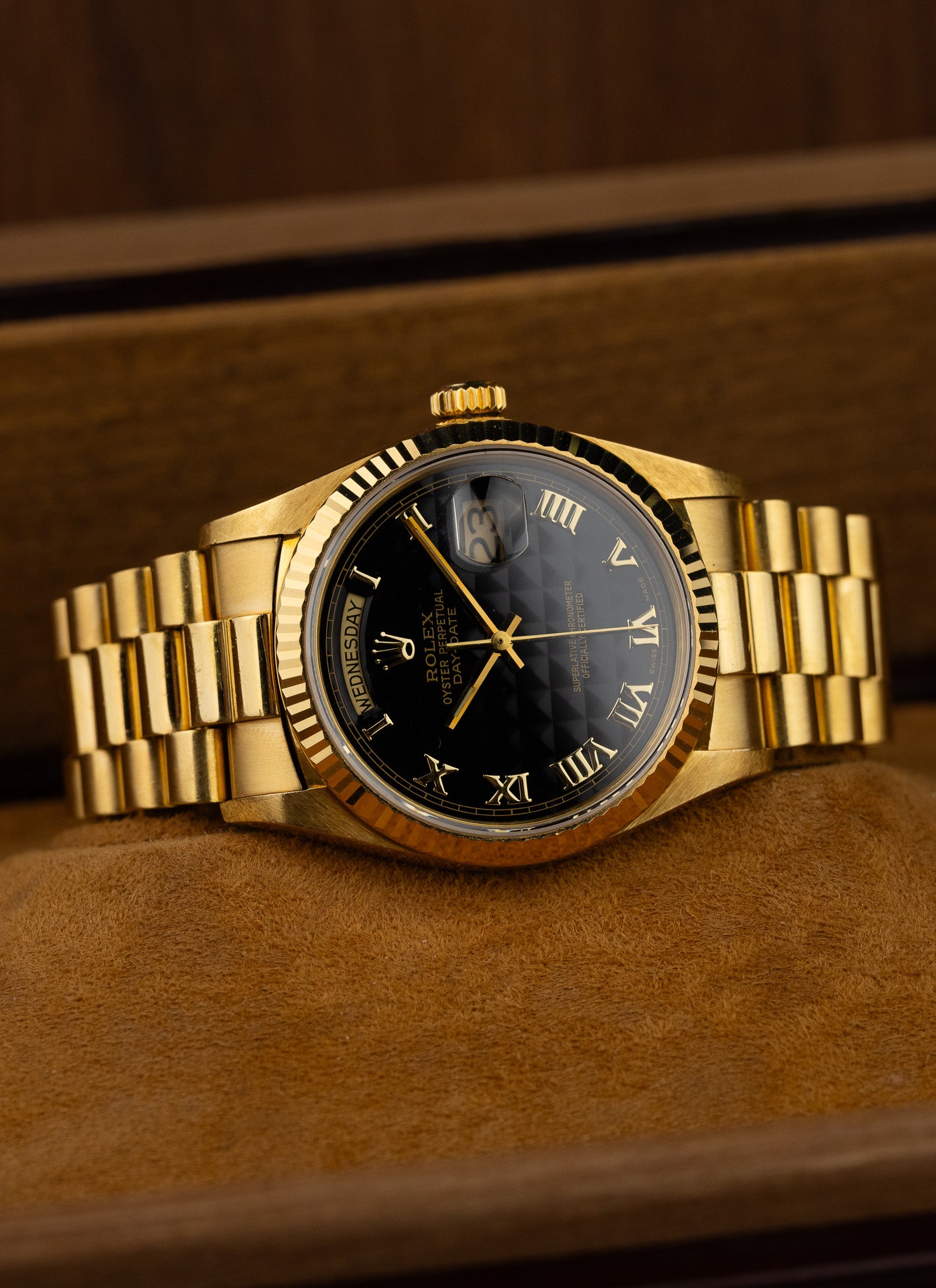 1981 18K Rolex Day-Date Black Pyramid Dial 18038 Box