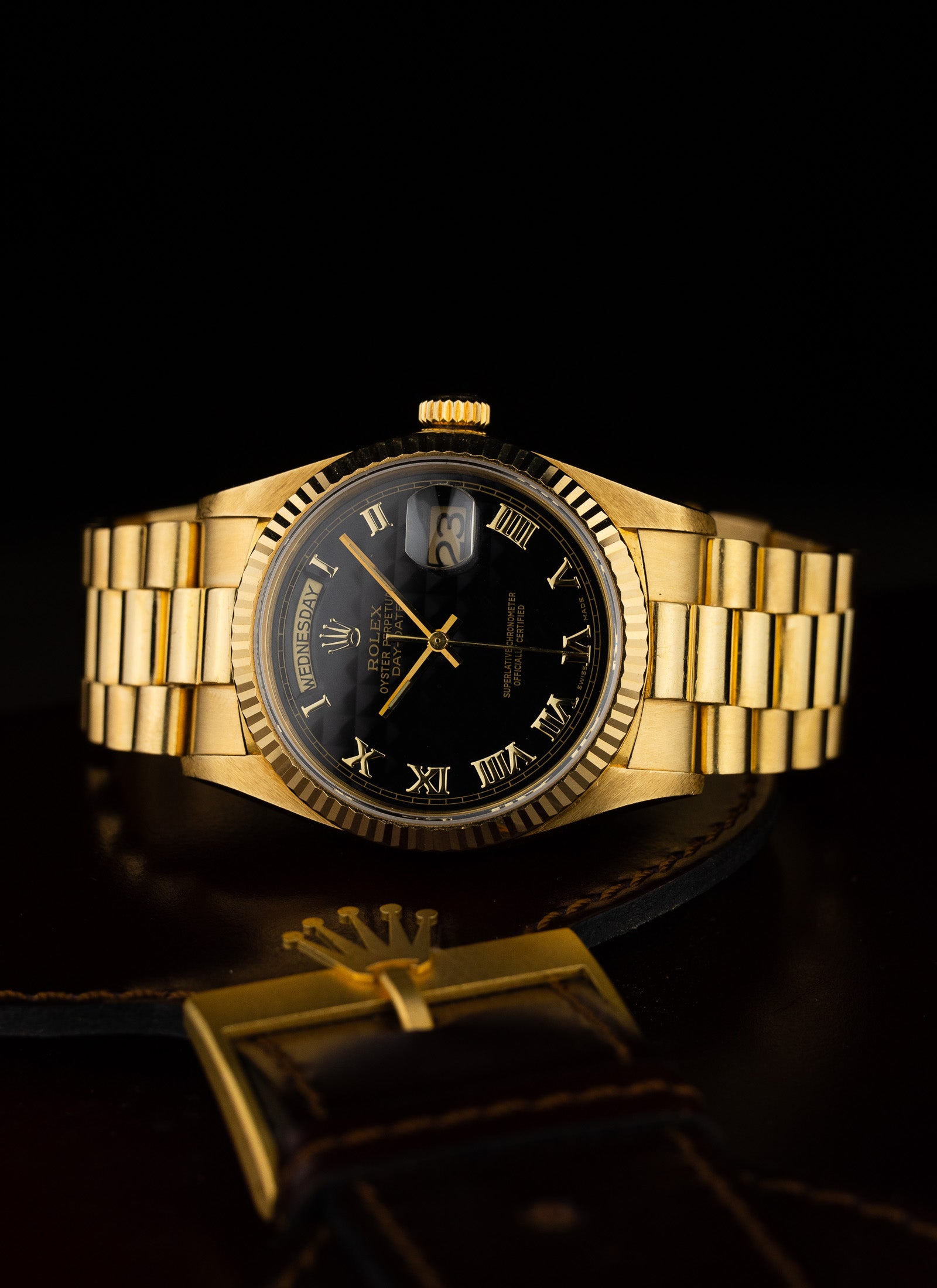 1981 18K Rolex Day-Date Black Pyramid Dial 18038 Box