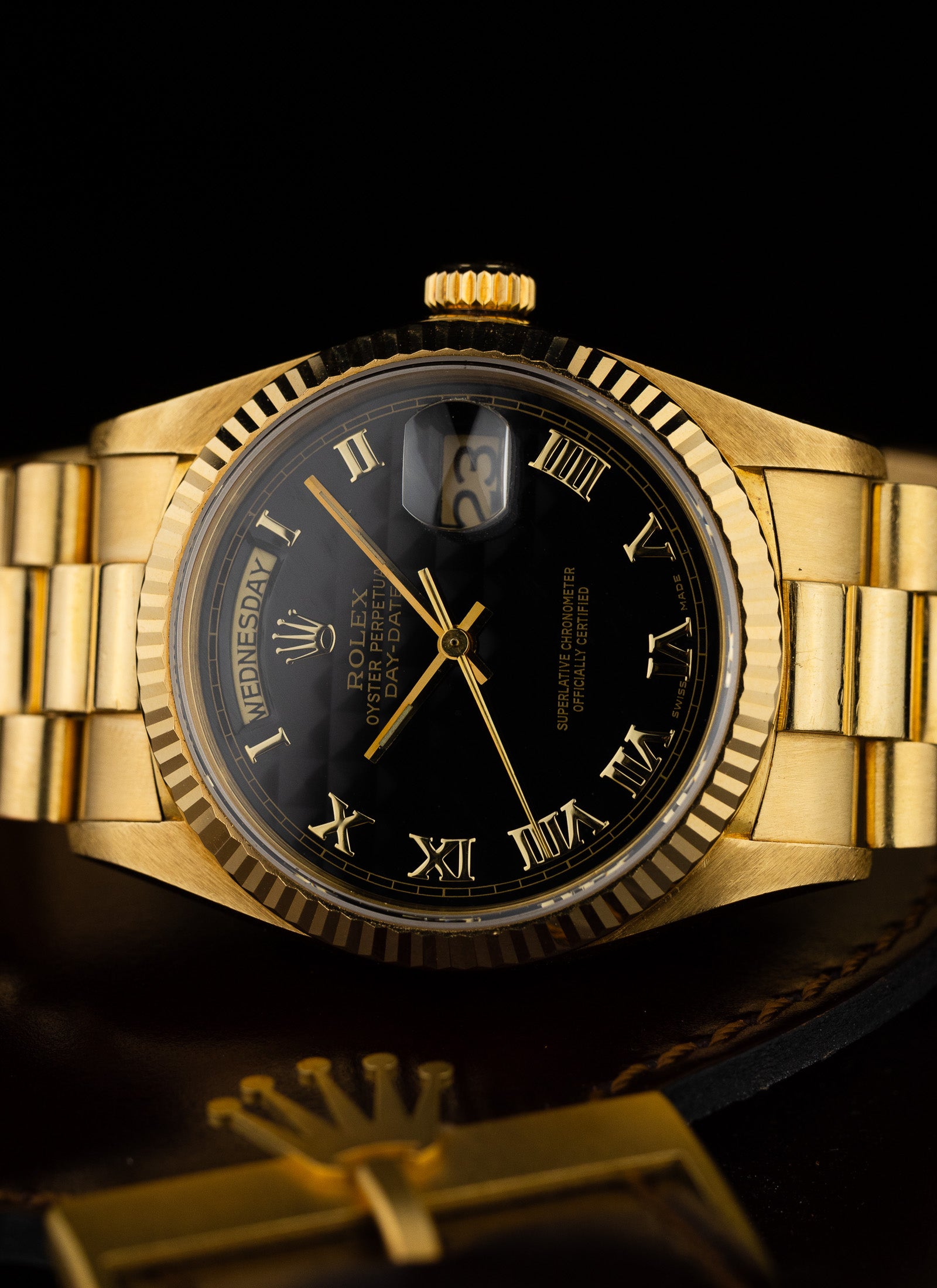 1981 18K Rolex Day-Date Black Pyramid Dial 18038 Box