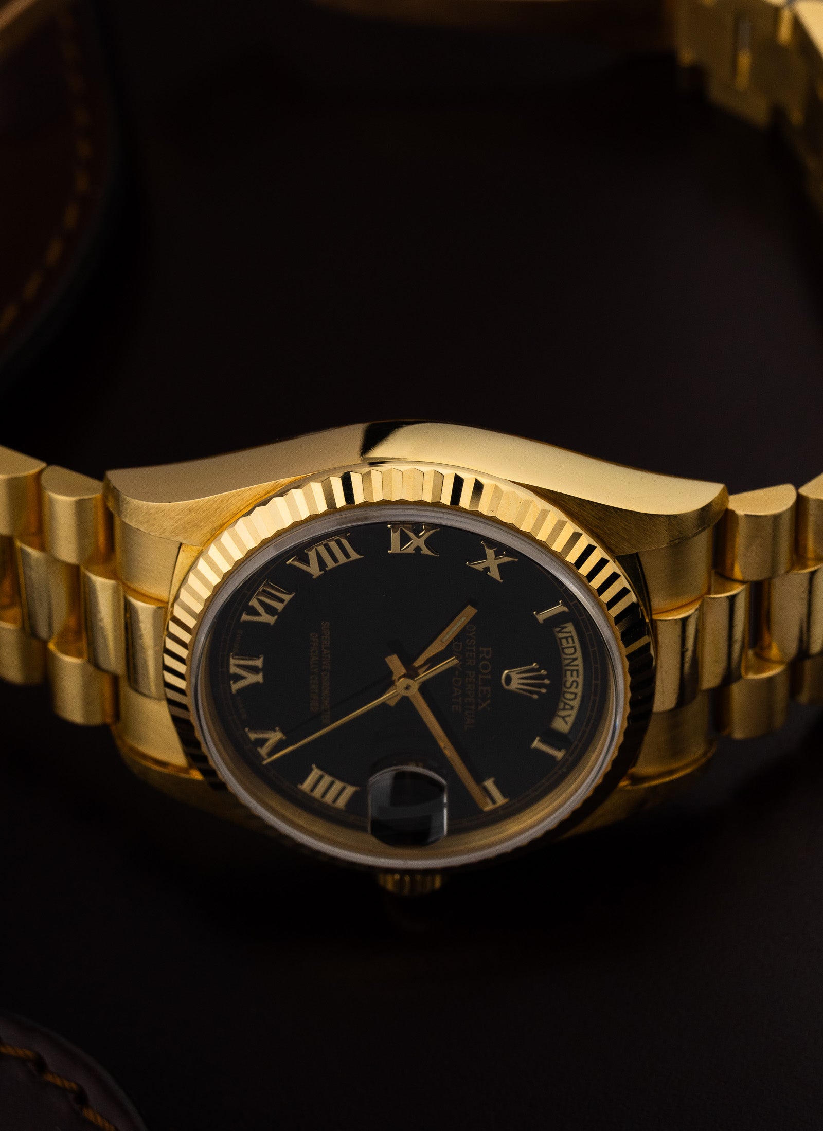 1981 18K Rolex Day-Date Black Pyramid Dial 18038 Box