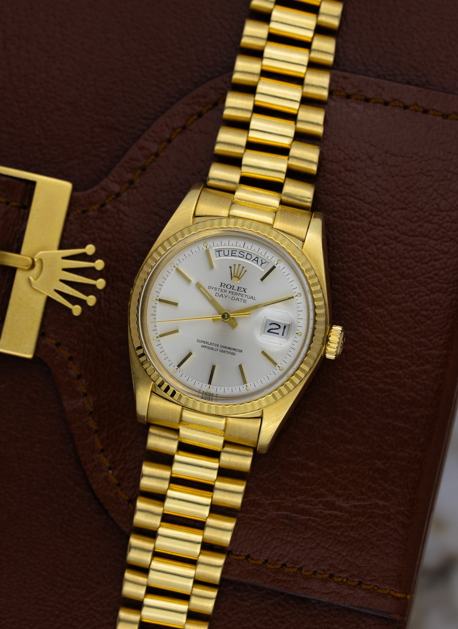 1975 18K Rolex Day-Date President Silver Pie Pan Dial 1803 Papers